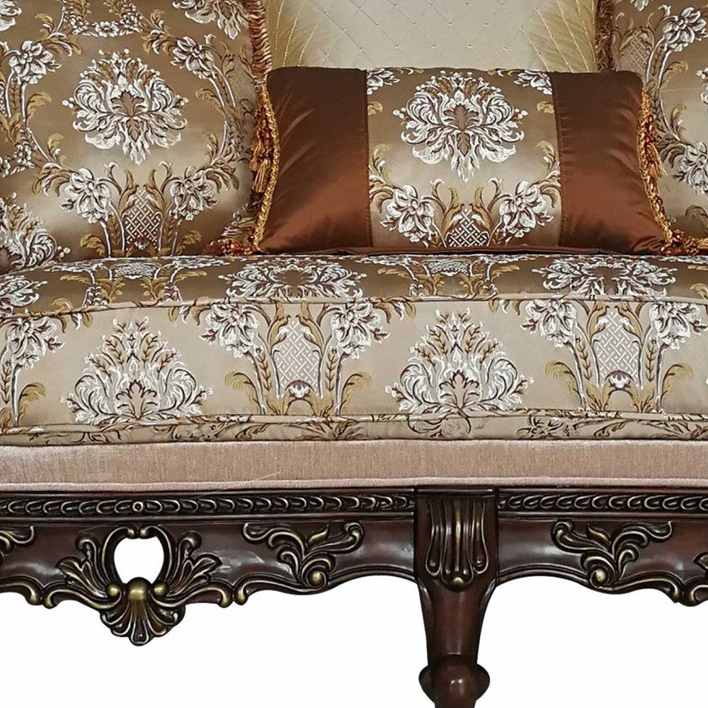 68" Cream And Brown Damask Chesterfield Loveseat and Toss Pillows-Love Seats-DECOROLALA