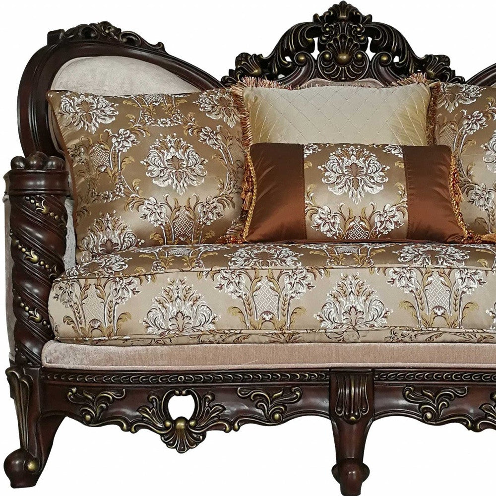 68" Cream And Brown Damask Chesterfield Loveseat and Toss Pillows-Love Seats-DECOROLALA