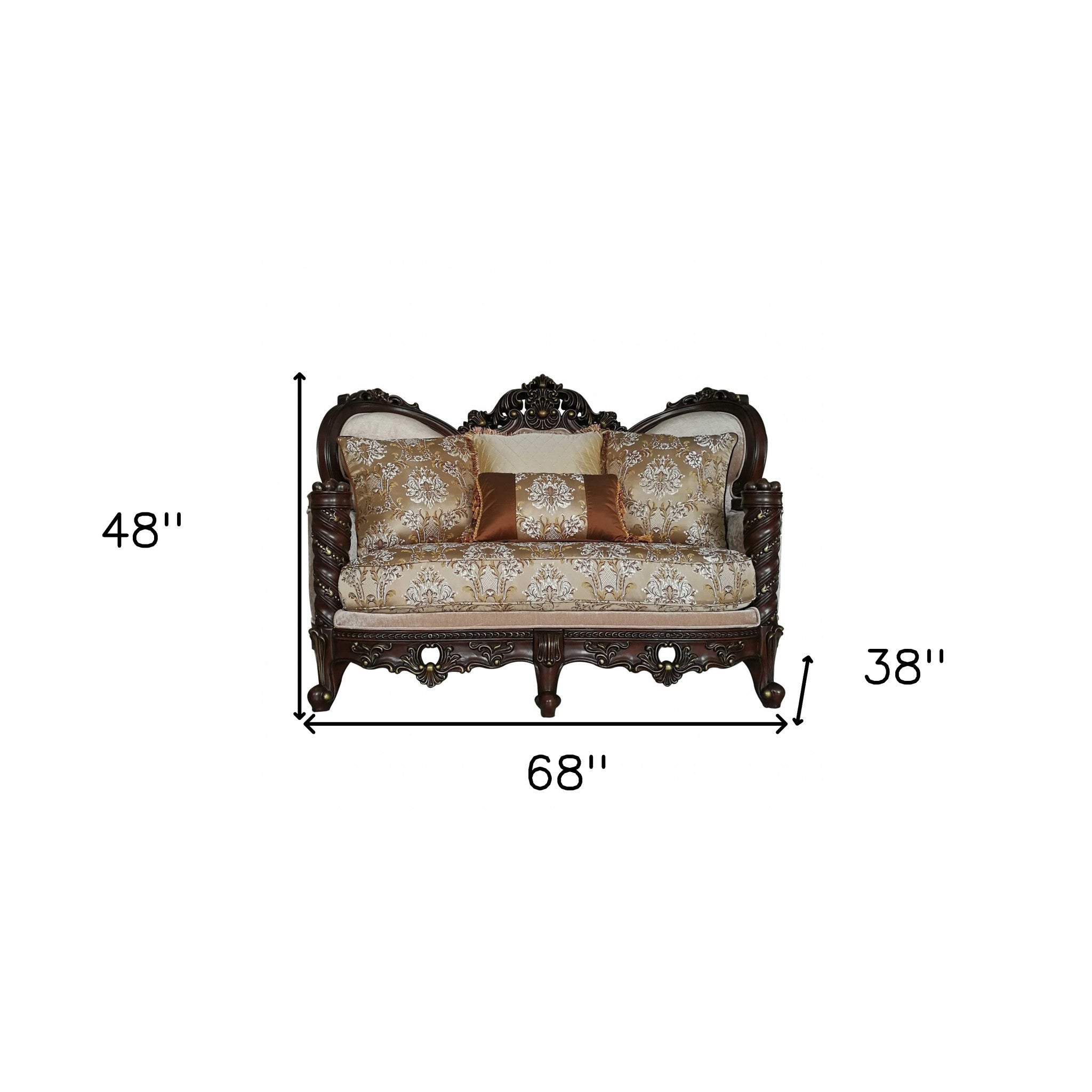 68" Cream And Brown Damask Chesterfield Loveseat and Toss Pillows-Love Seats-DECOROLALA