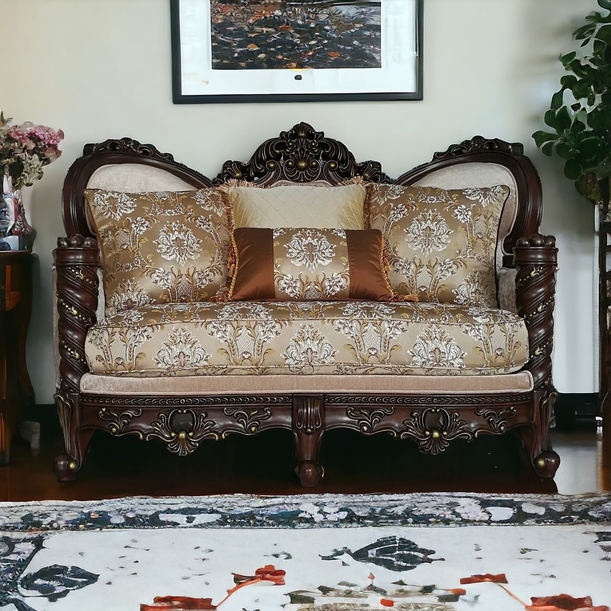 68" Cream And Brown Damask Chesterfield Loveseat and Toss Pillows-Love Seats-DECOROLALA