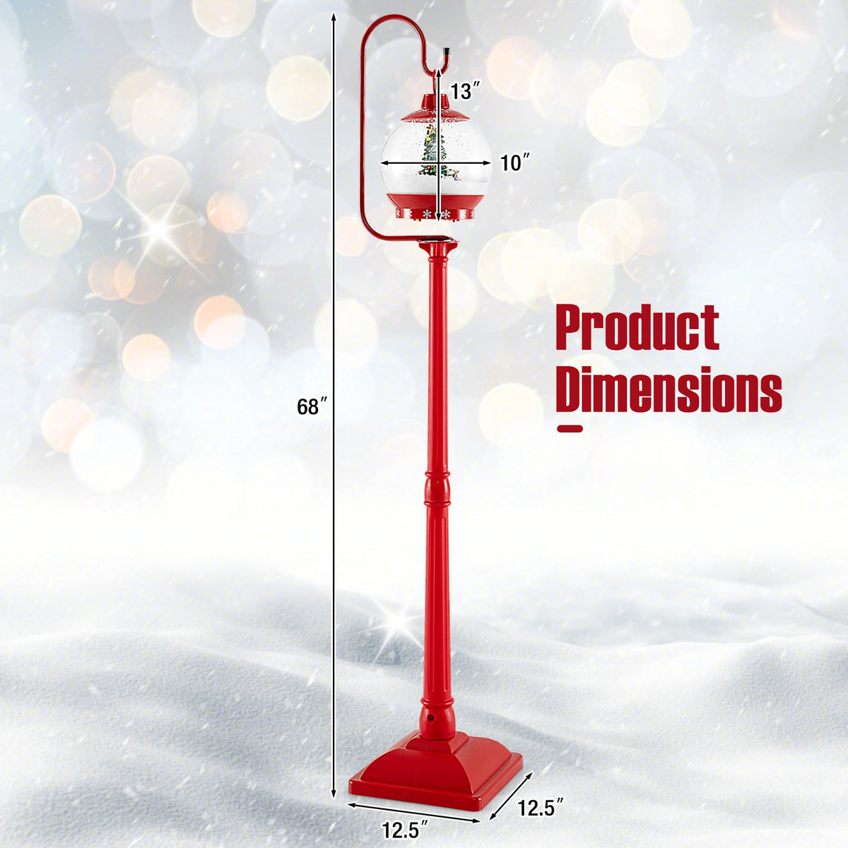 68 Inch Festive Musical Christmas Street Lamp Post with Snow Globe Lantern-Red-Christmas Decorations & Accessories-DECOROLALA