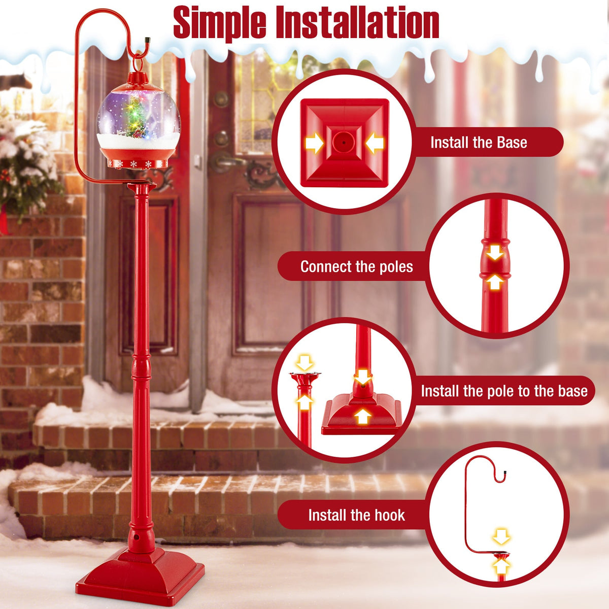 68 Inch Festive Musical Christmas Street Lamp Post with Snow Globe Lantern-Red-Christmas Decorations & Accessories-DECOROLALA