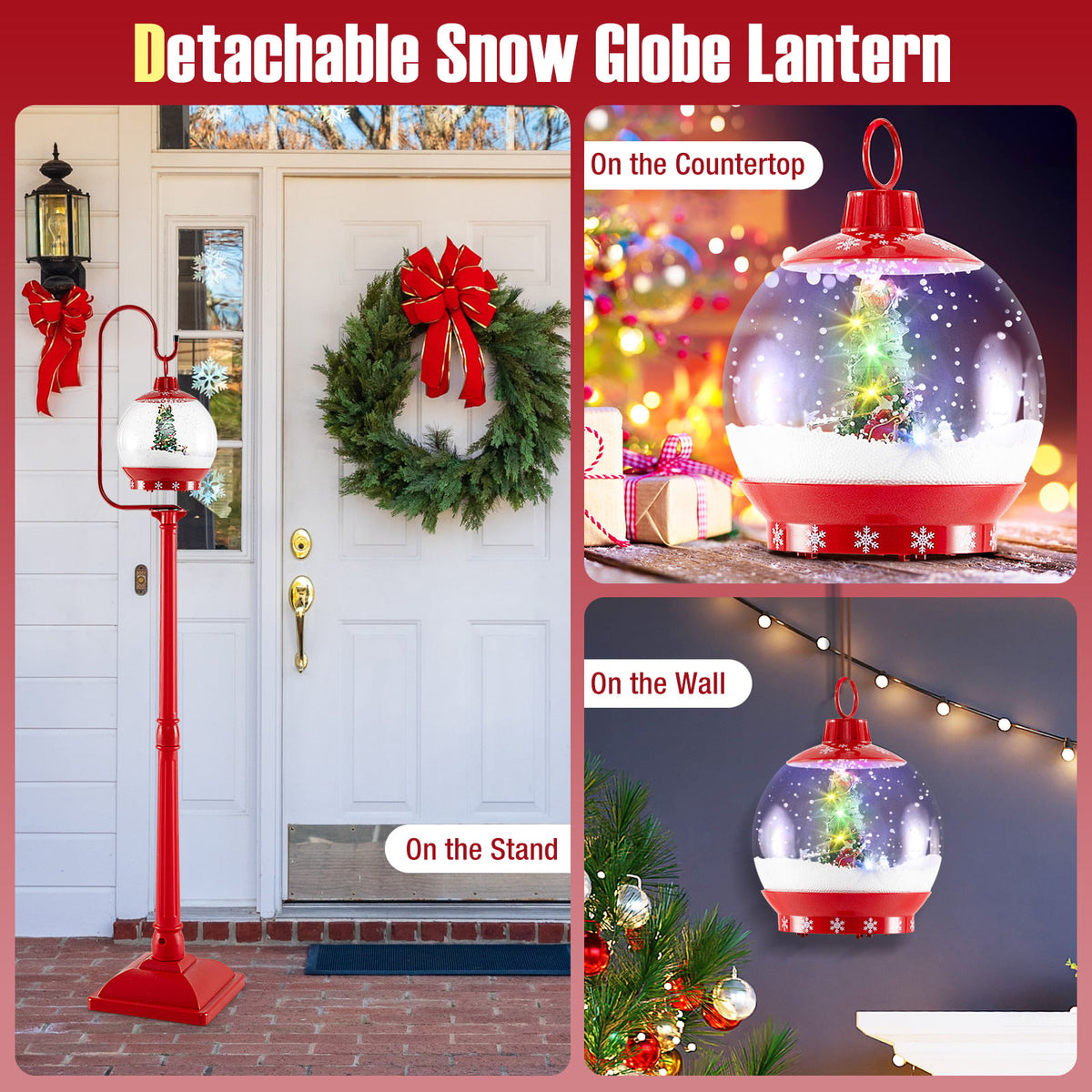 68 Inch Festive Musical Christmas Street Lamp Post with Snow Globe Lantern-Red-Christmas Decorations & Accessories-DECOROLALA