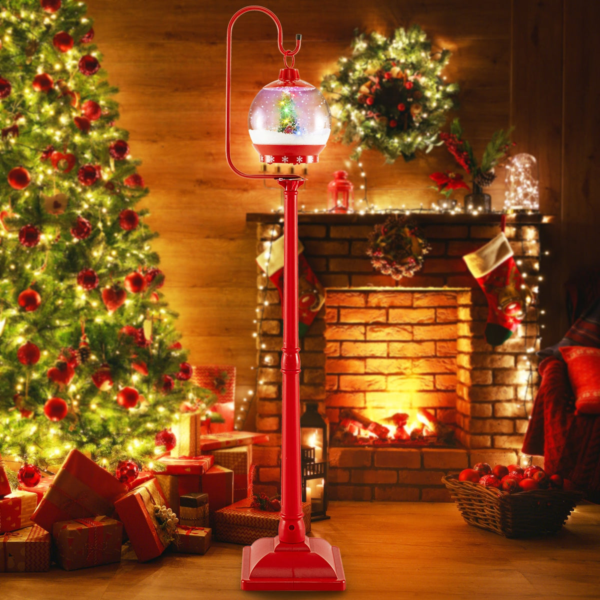 68 Inch Festive Musical Christmas Street Lamp Post with Snow Globe Lantern-Red-Christmas Decorations & Accessories-DECOROLALA