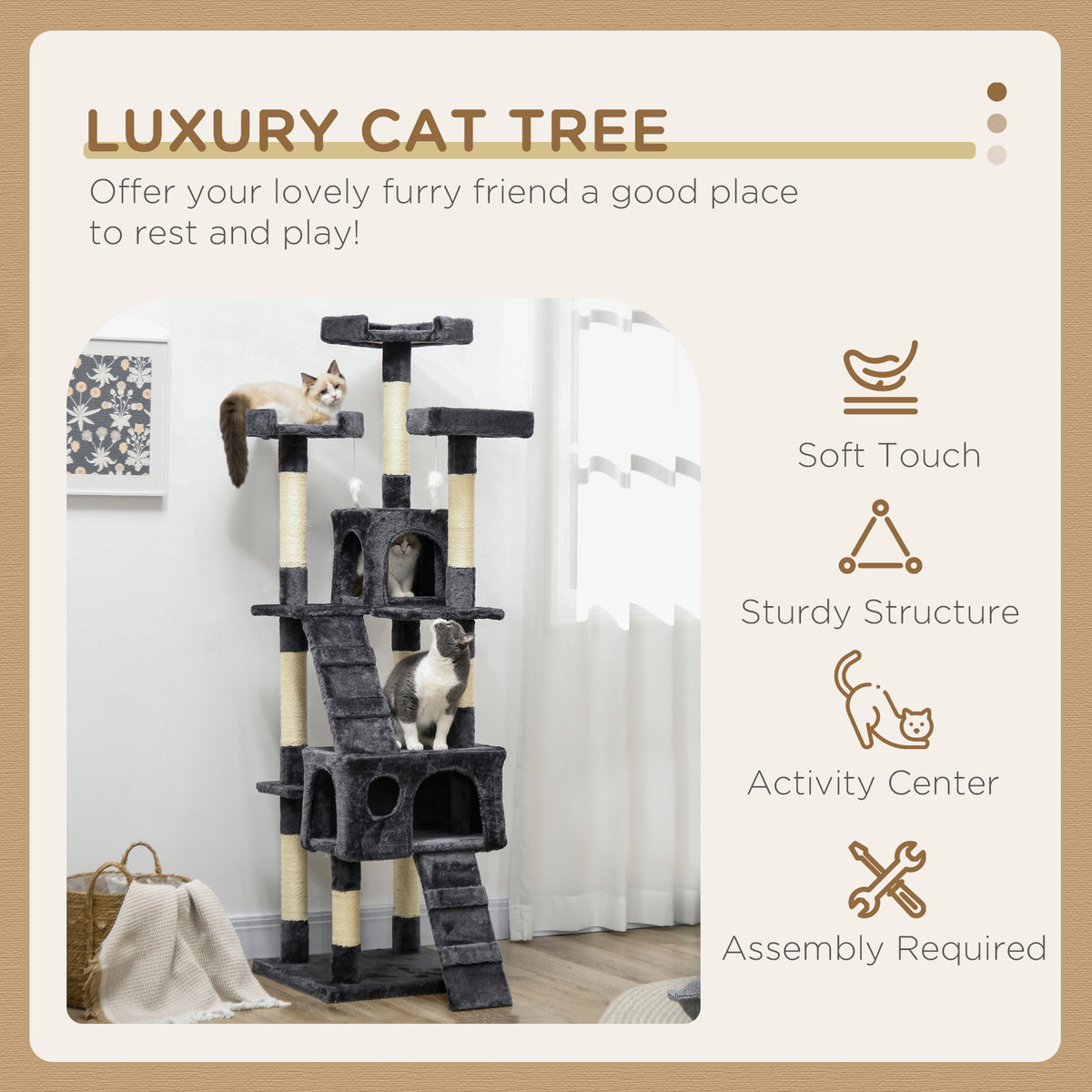 68" Multi-Level Cat Tree Tower with 2 Condos - Charcoal Grey-Cats-DECOROLALA