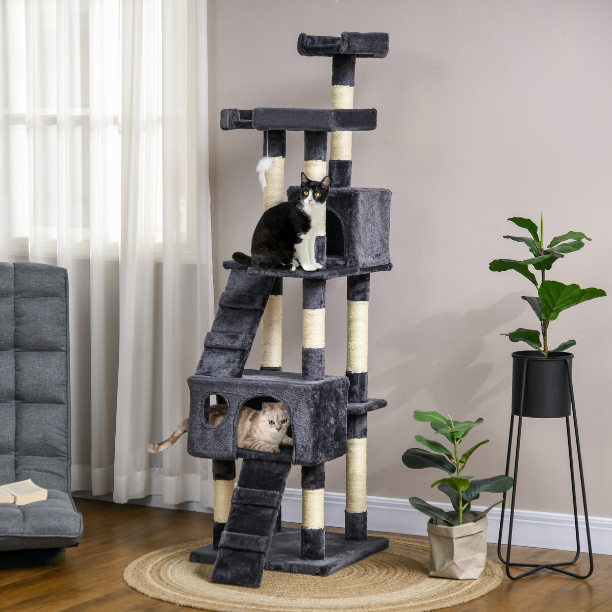 68" Multi-Level Cat Tree Tower with 2 Condos - Charcoal Grey-Cats-DECOROLALA