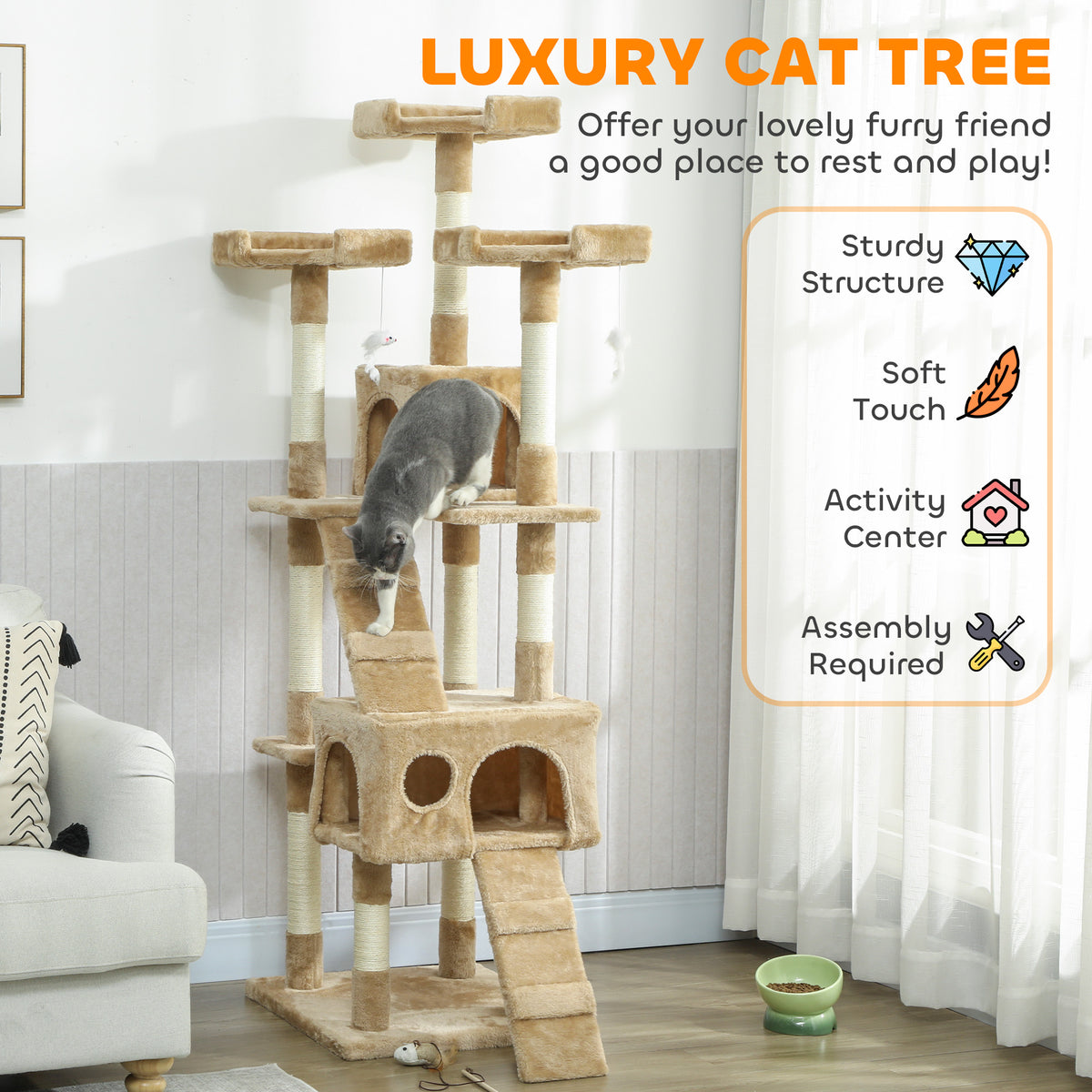 68" Multi-Level Cat Tree Tower with 2 Condos - Light Brown-Cats-DECOROLALA