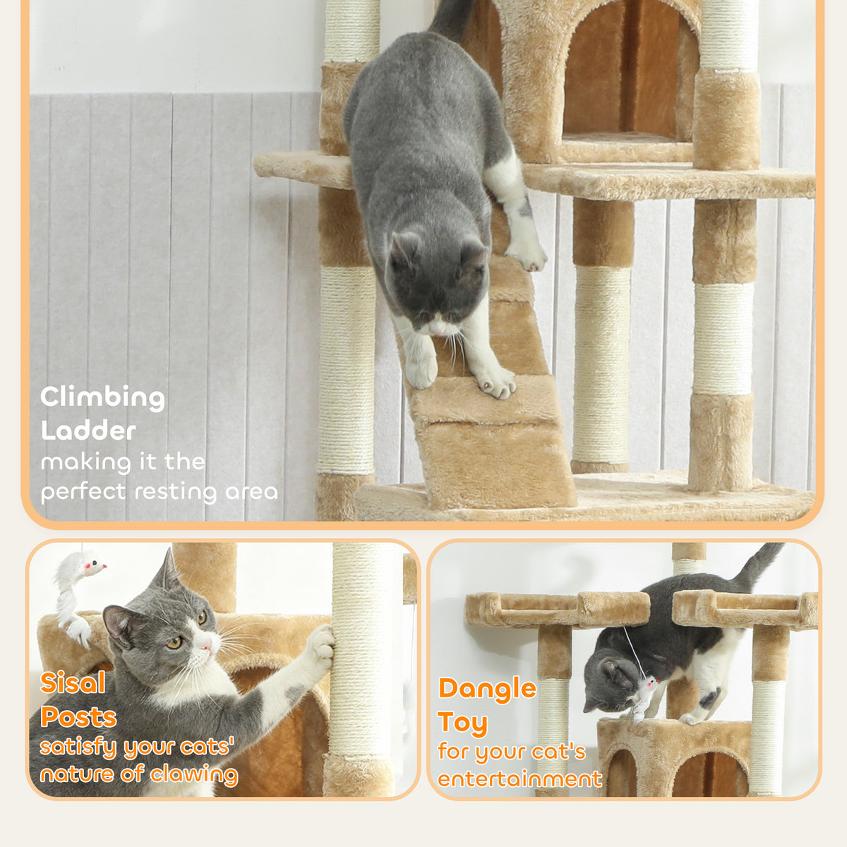 68" Multi-Level Cat Tree Tower with 2 Condos - Light Brown-Cats-DECOROLALA