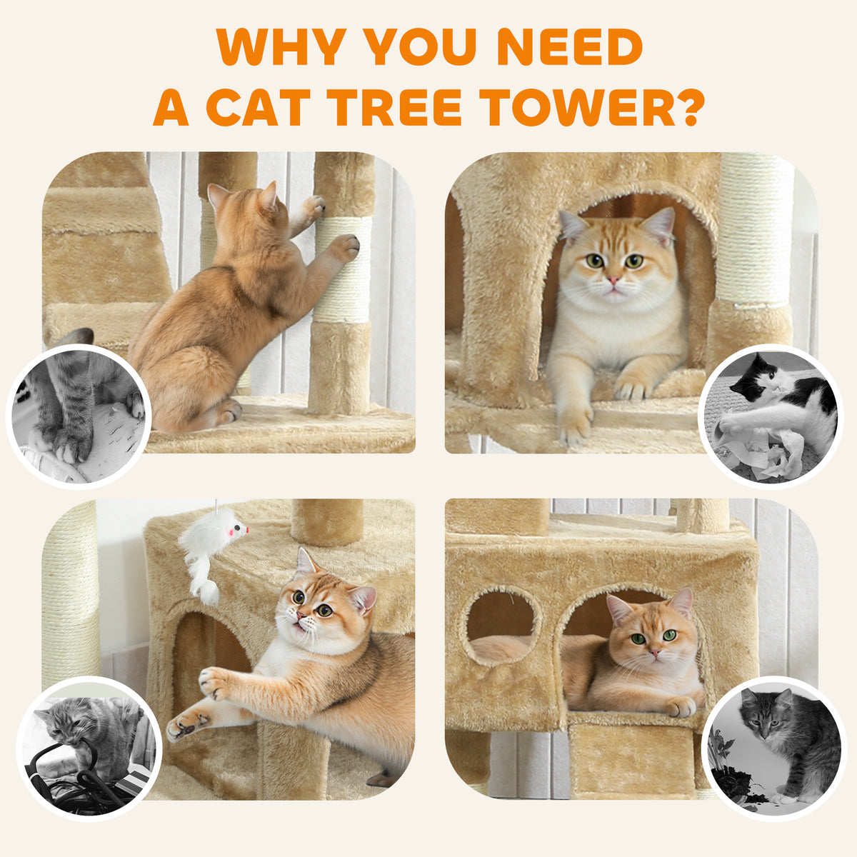 68" Multi-Level Cat Tree Tower with 2 Condos - Light Brown-Cats-DECOROLALA