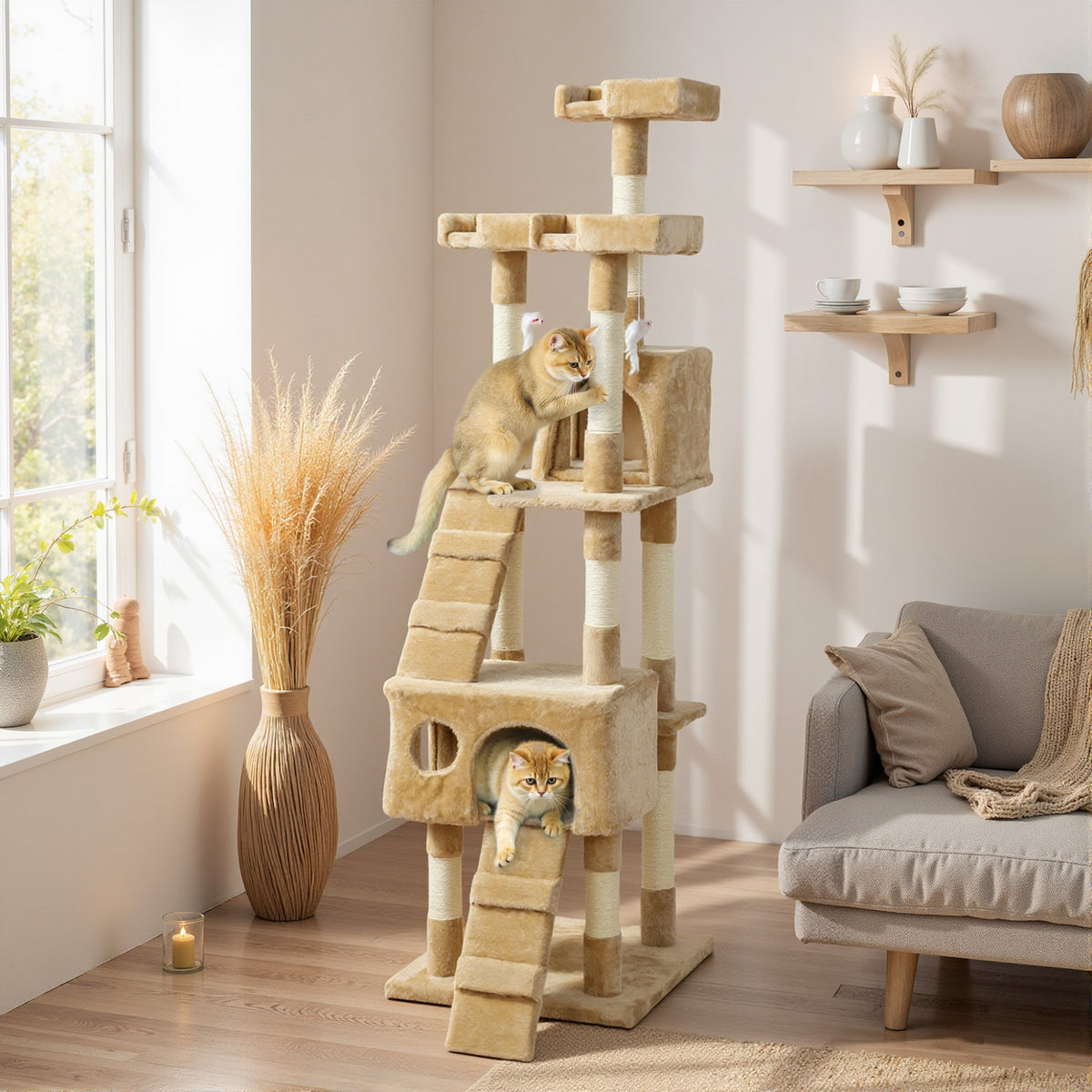 68" Multi-Level Cat Tree Tower with 2 Condos - Light Brown-Cats-DECOROLALA