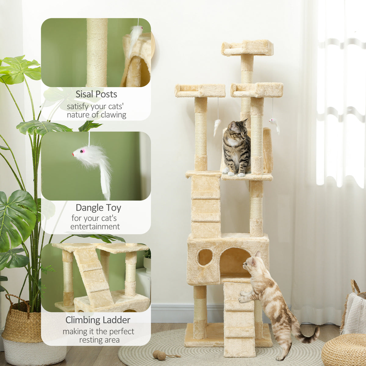 68" Multi-Level Cat Tree Tower with 2 Condos & Sisal Posts - Beige-Cats-DECOROLALA