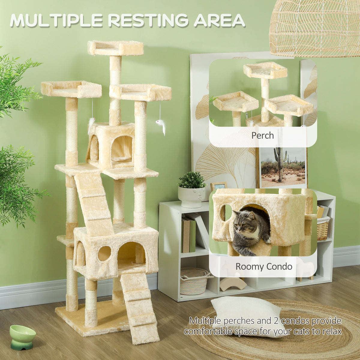 68" Multi-Level Cat Tree Tower with 2 Condos & Sisal Posts - Beige-Cats-DECOROLALA