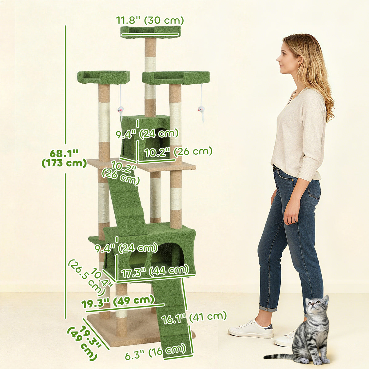68" Multi-Level Cat Tree Tower with 2 Condos & Sisal Posts - Green-Cats-DECOROLALA