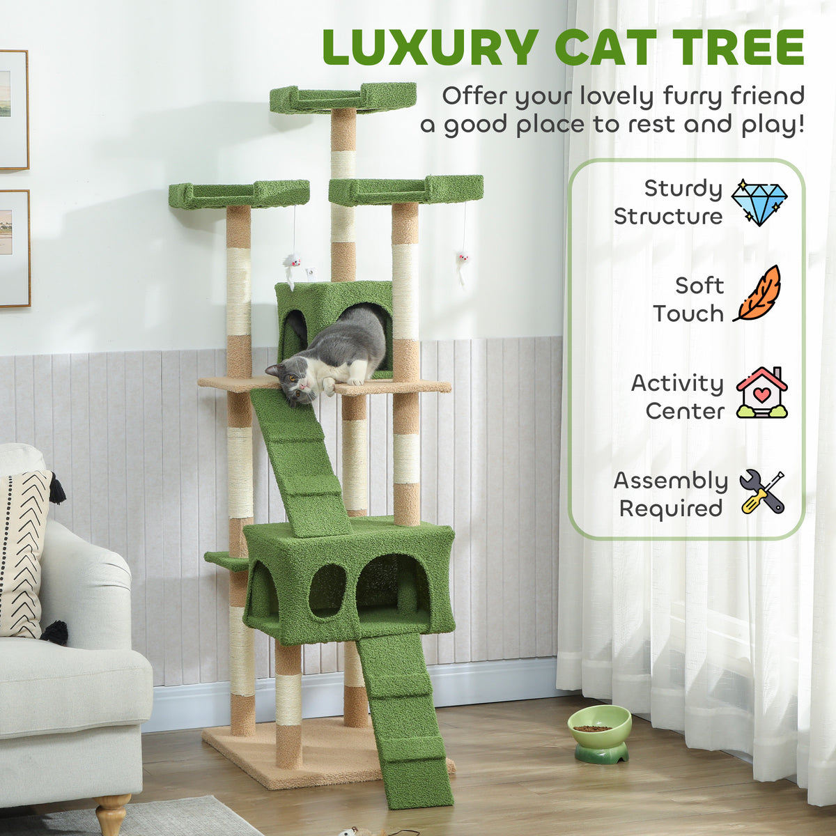 68" Multi-Level Cat Tree Tower with 2 Condos & Sisal Posts - Green-Cats-DECOROLALA