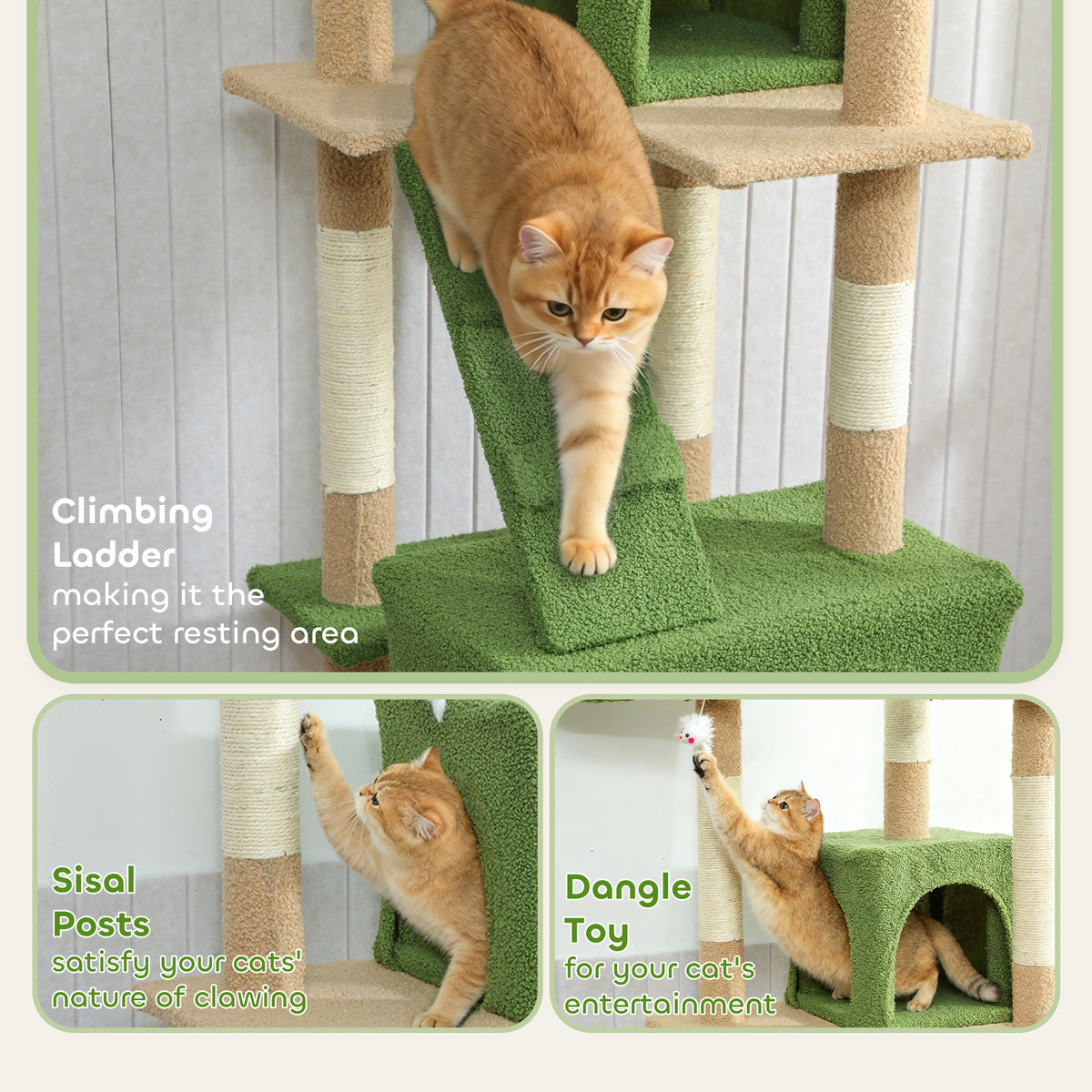 68" Multi-Level Cat Tree Tower with 2 Condos & Sisal Posts - Green-Cats-DECOROLALA