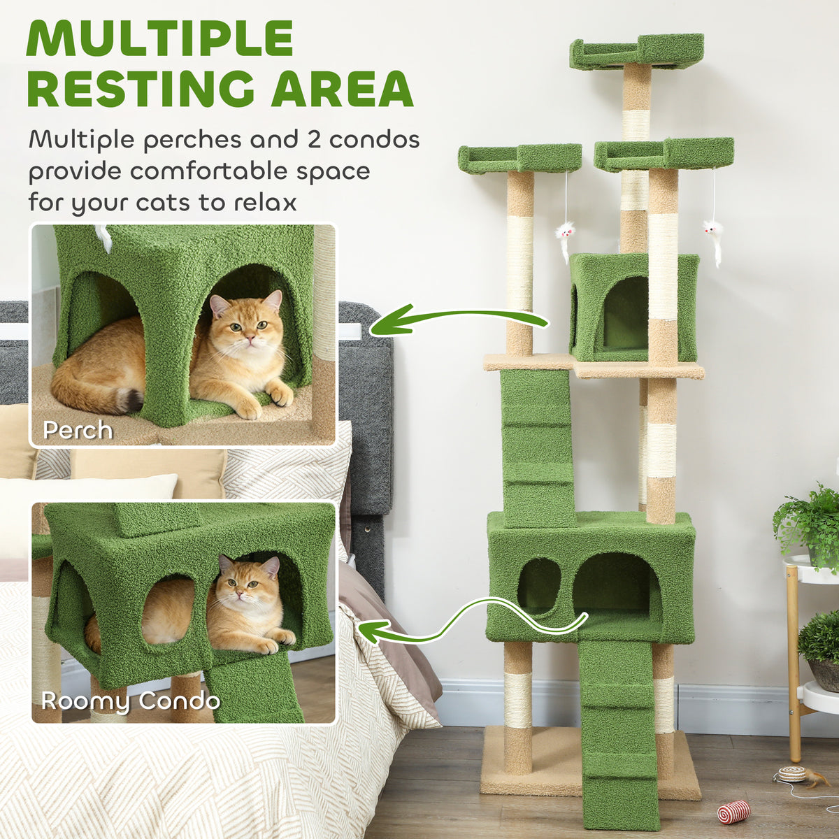 68" Multi-Level Cat Tree Tower with 2 Condos & Sisal Posts - Green-Cats-DECOROLALA
