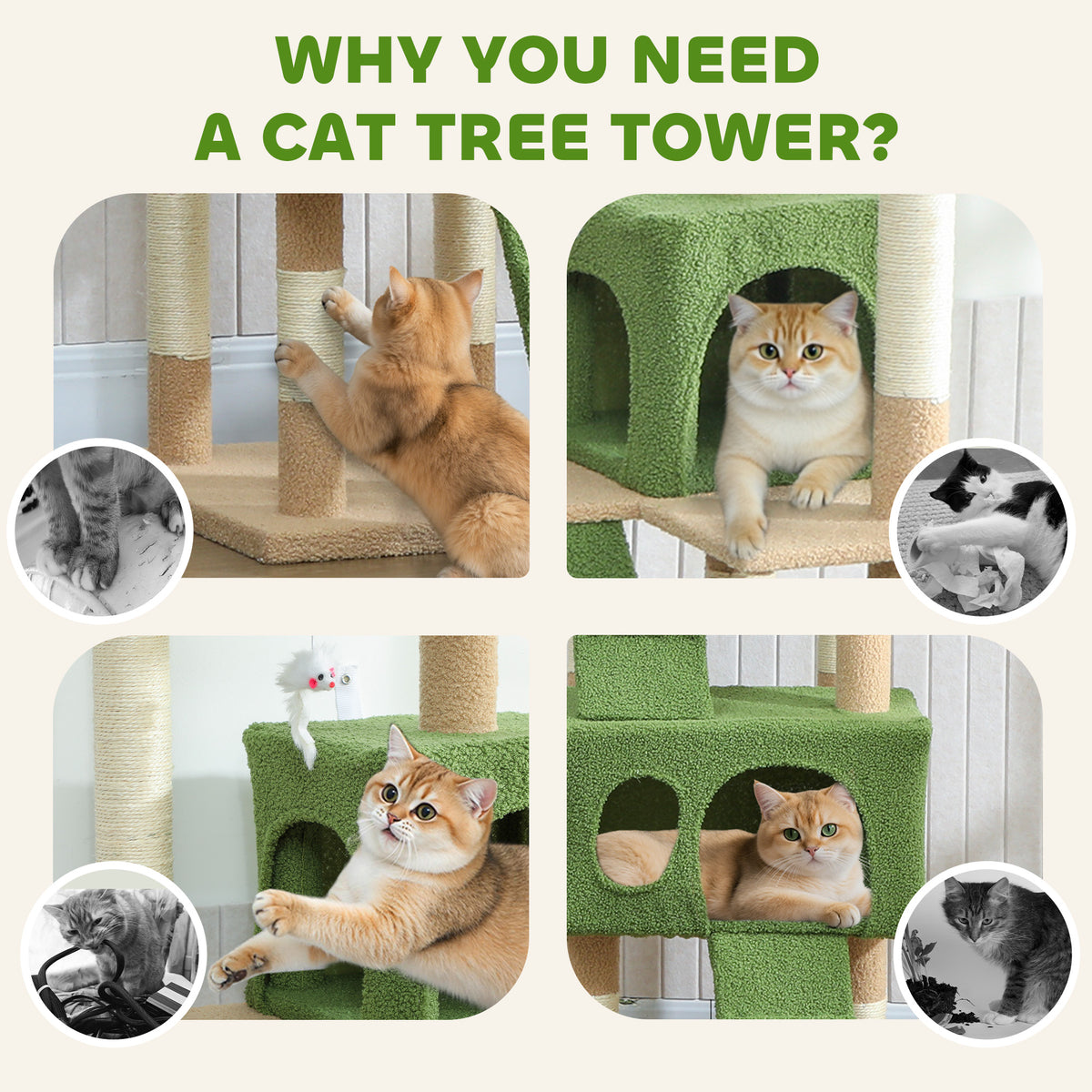 68" Multi-Level Cat Tree Tower with 2 Condos & Sisal Posts - Green-Cats-DECOROLALA