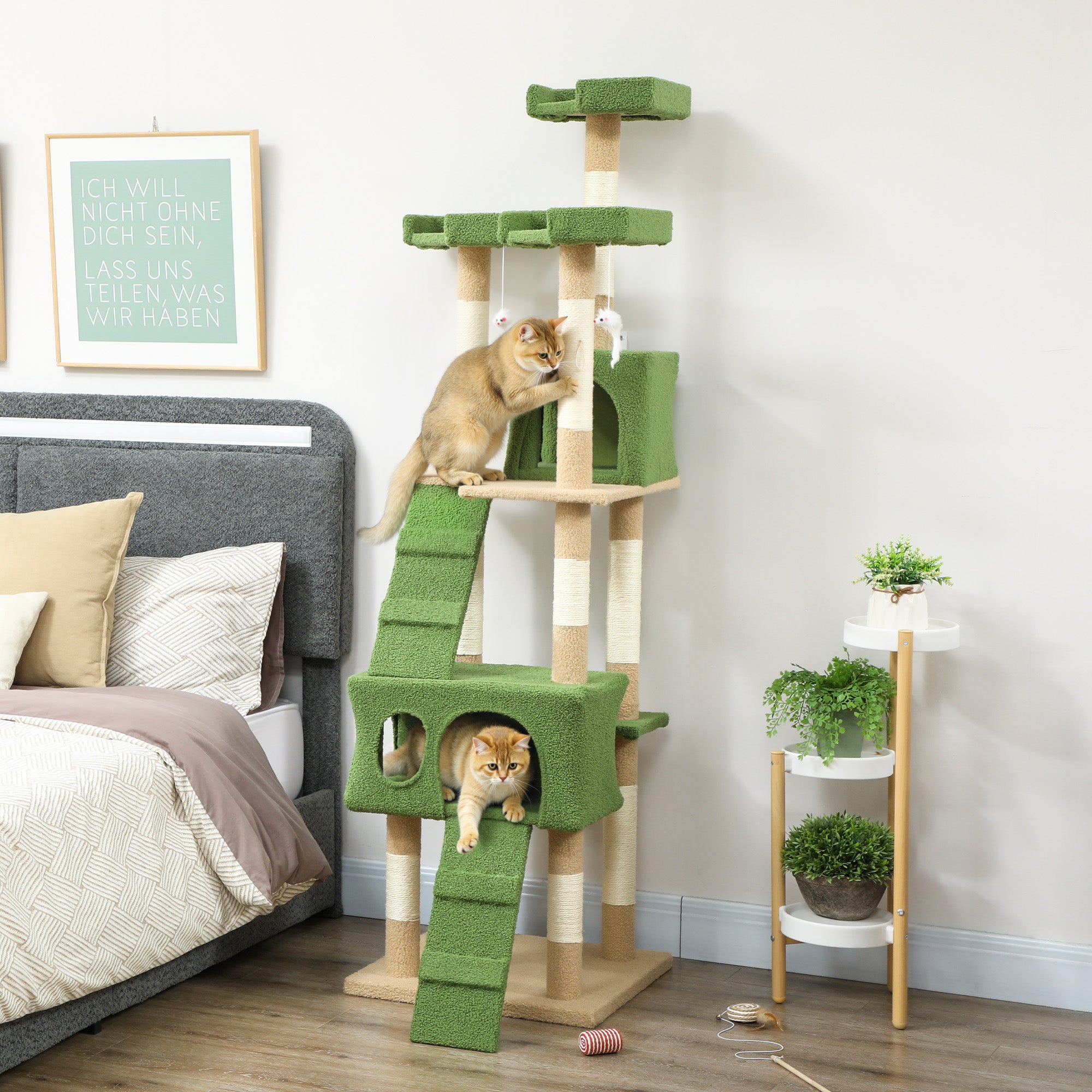68" Multi-Level Cat Tree Tower with 2 Condos & Sisal Posts - Green-Cats-DECOROLALA