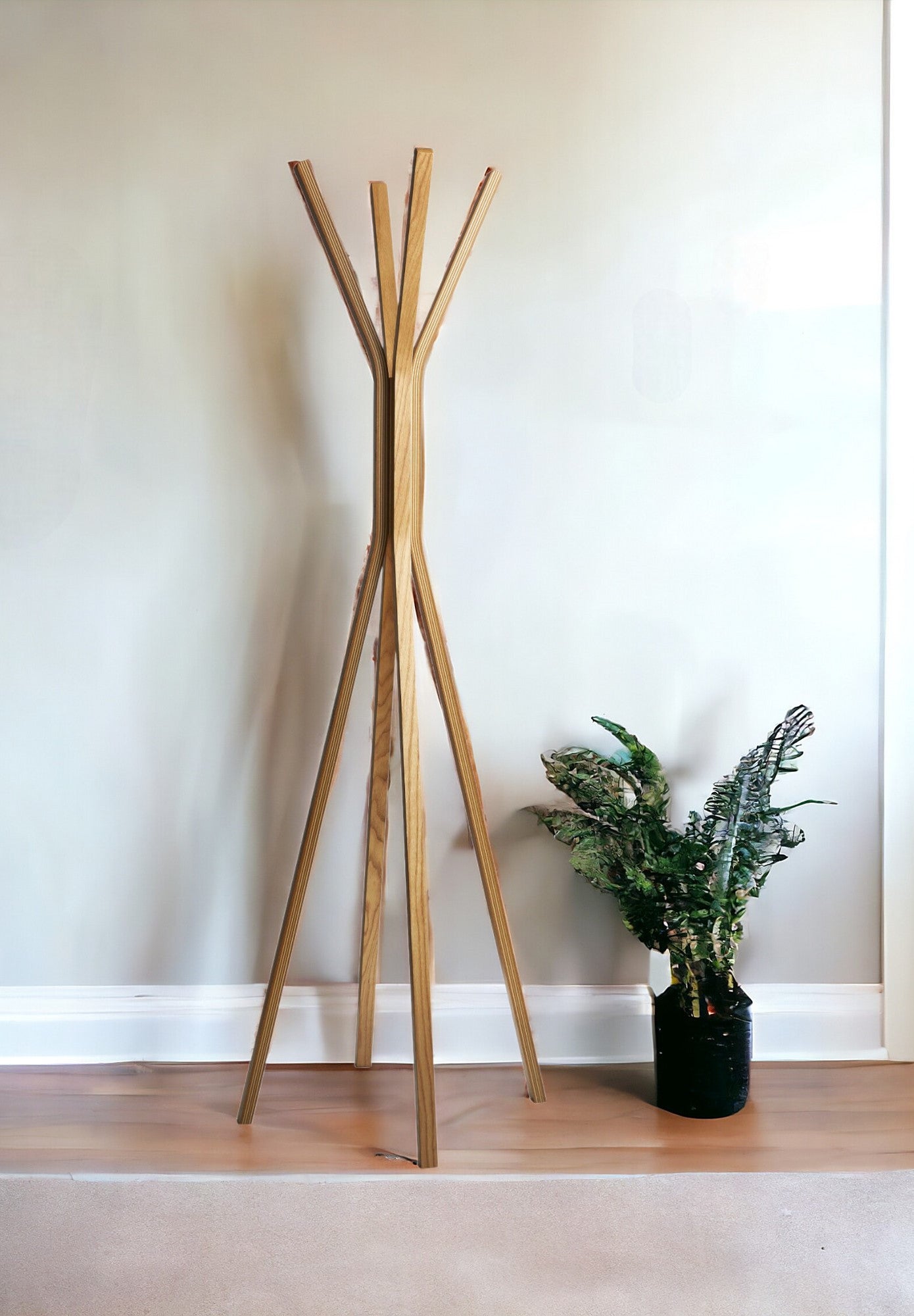 68" Natural Modern Wood Coat Tree Rack-Coat Hangers-DECOROLALA