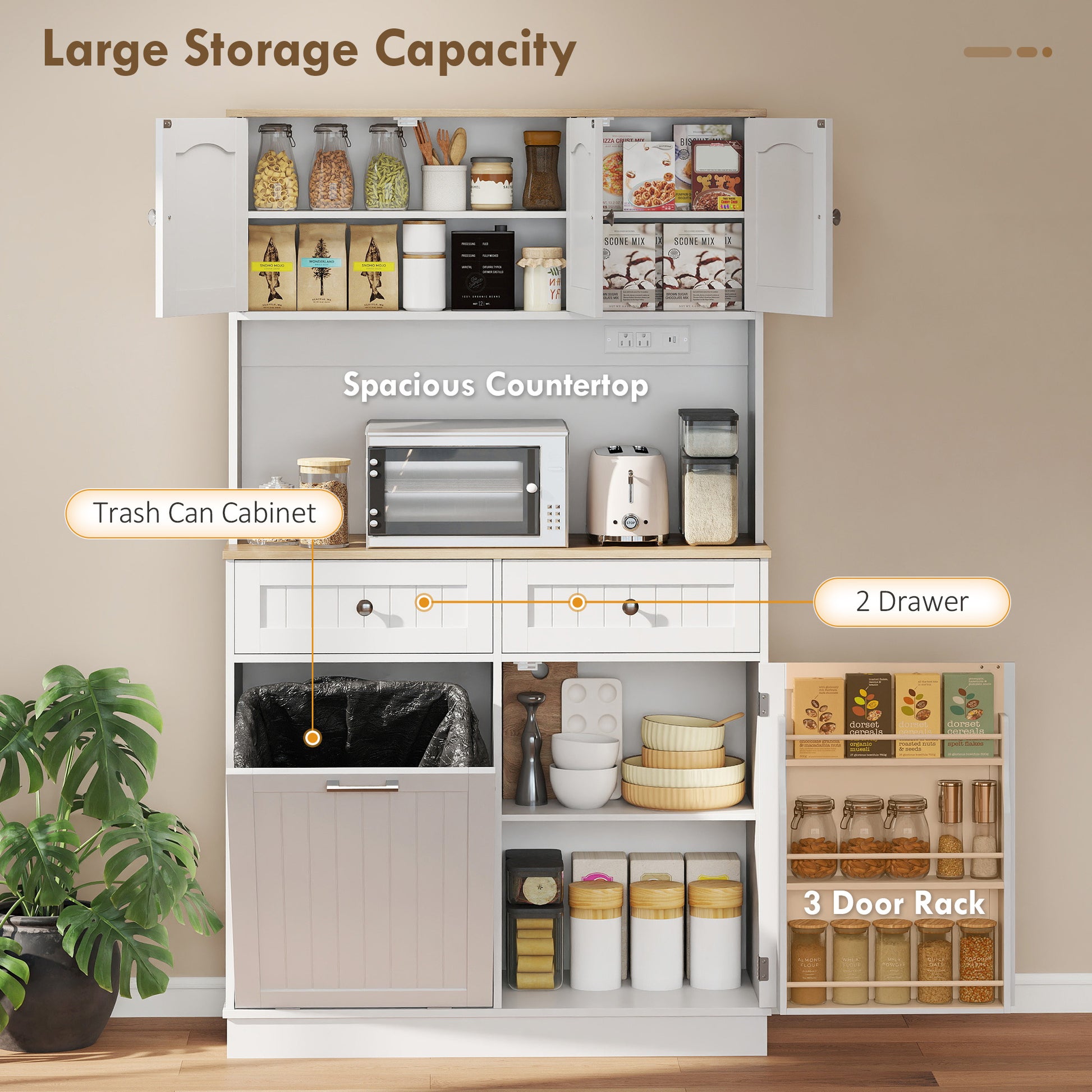 68" Pantry Cabinet - Charging Station, Microwave Stand, Trash Bin, White-DECOROLALA