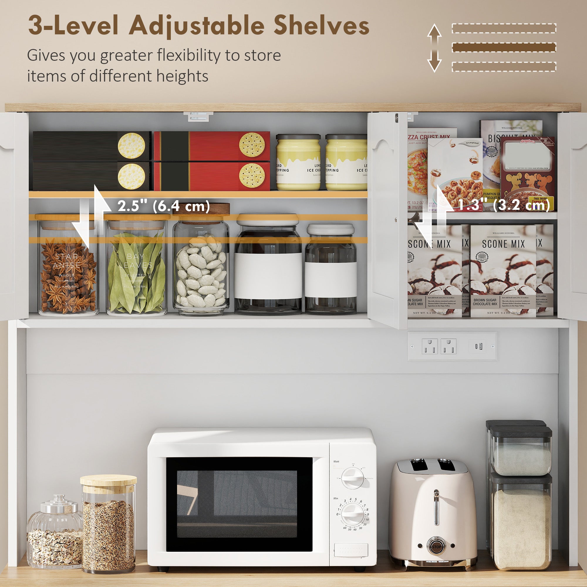 68" Pantry Cabinet - Charging Station, Microwave Stand, Trash Bin, White-DECOROLALA