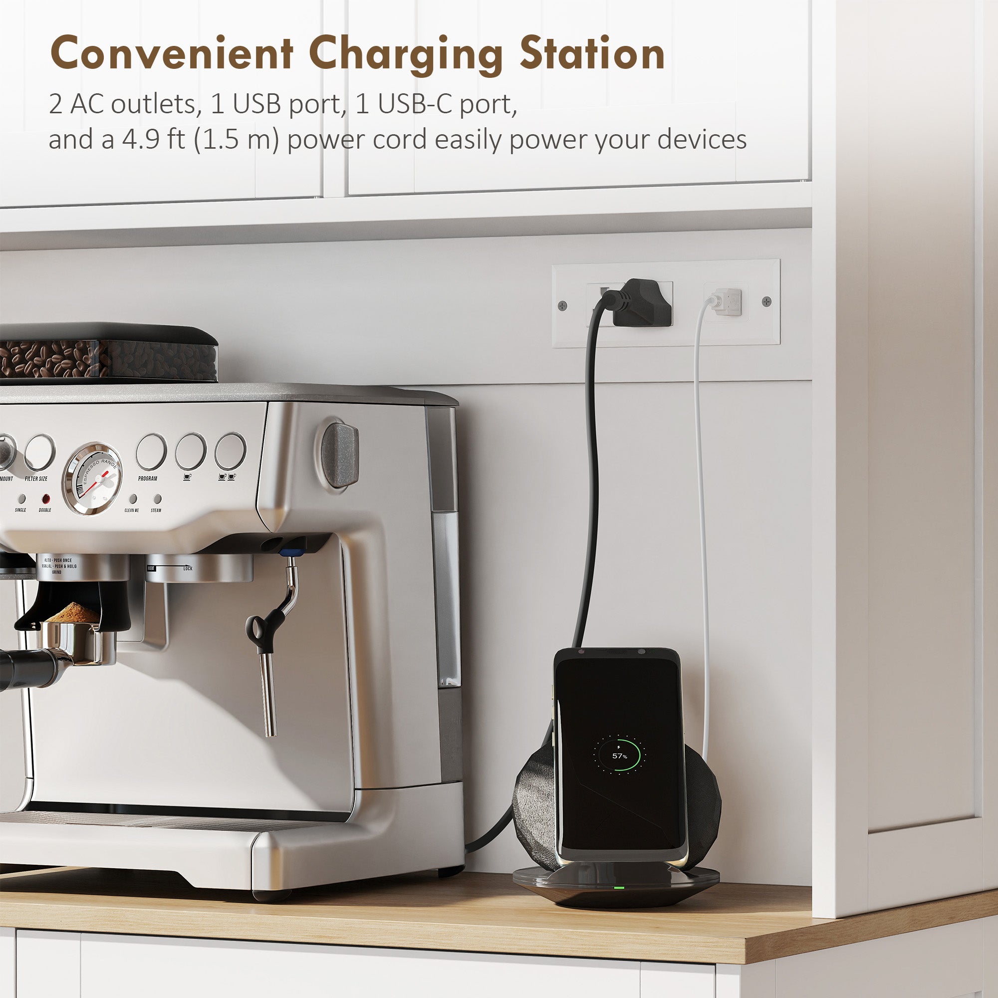 68" Pantry Cabinet - Charging Station, Microwave Stand, Trash Bin, White-DECOROLALA