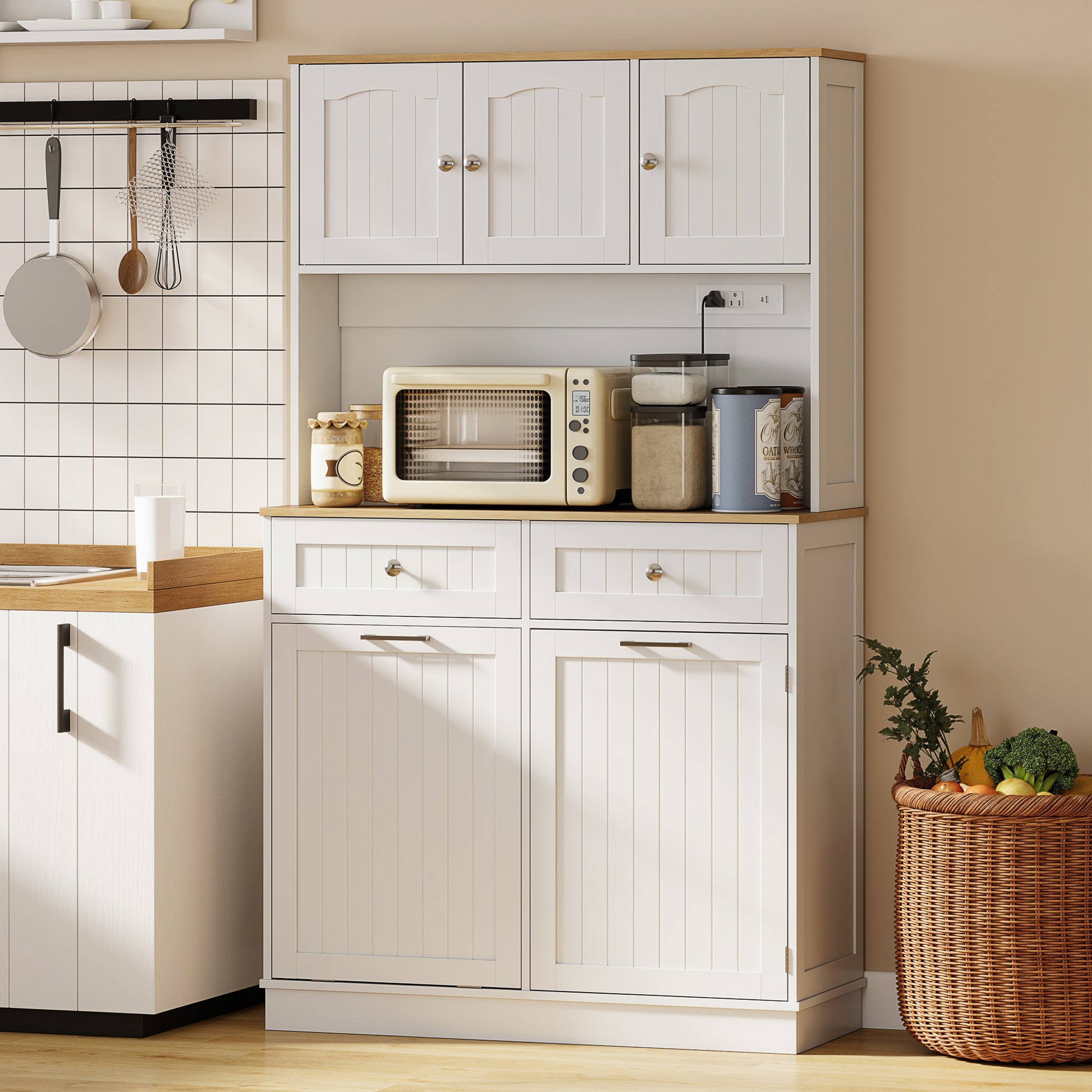 68" Pantry Cabinet - Charging Station, Microwave Stand, Trash Bin, White-DECOROLALA