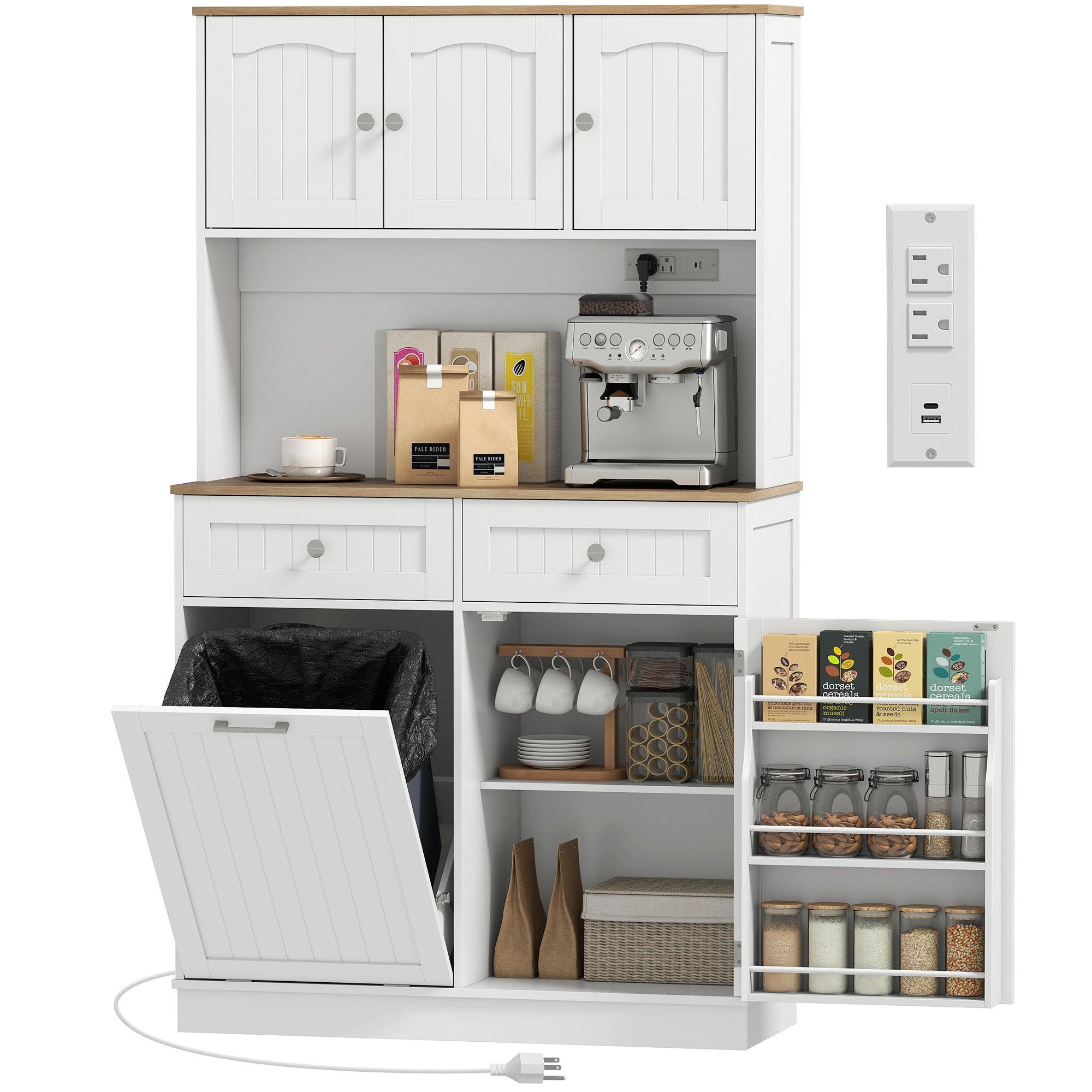 68" Pantry Cabinet - Charging Station, Microwave Stand, Trash Bin, White-DECOROLALA