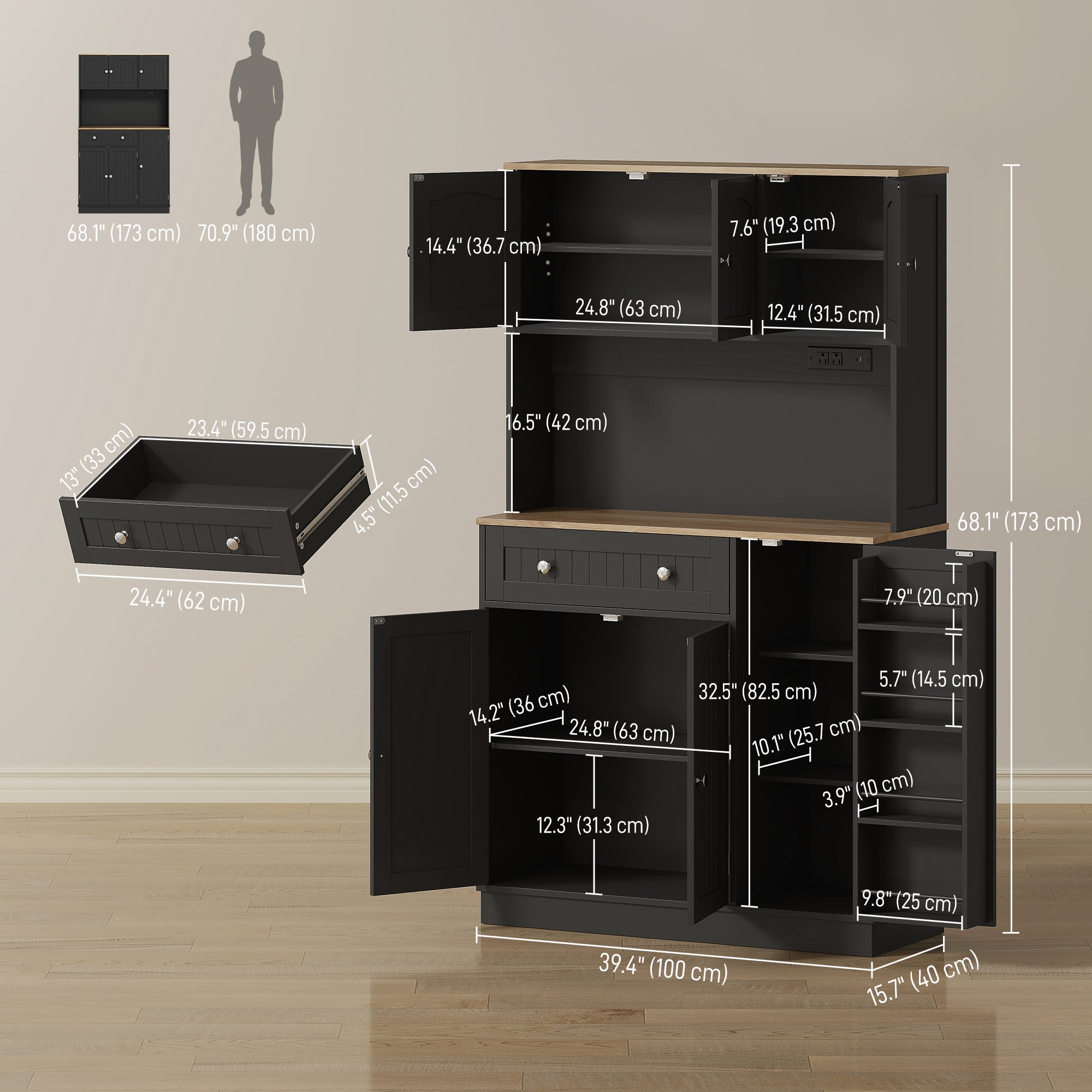 68" Pantry Cabinet with Charging, Black Kitchen Storage with Microwave Stand-DECOROLALA