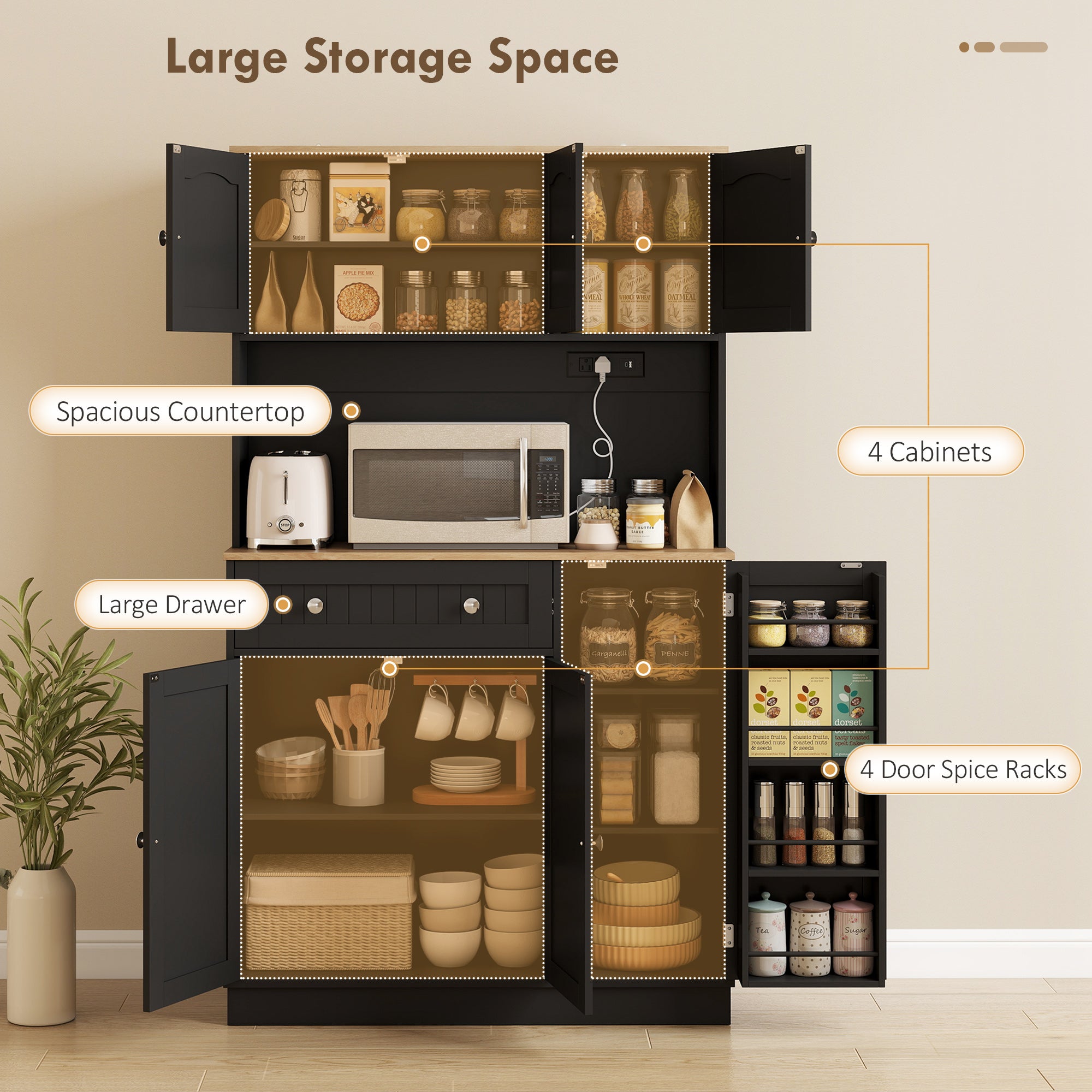 68" Pantry Cabinet with Charging, Black Kitchen Storage with Microwave Stand-DECOROLALA