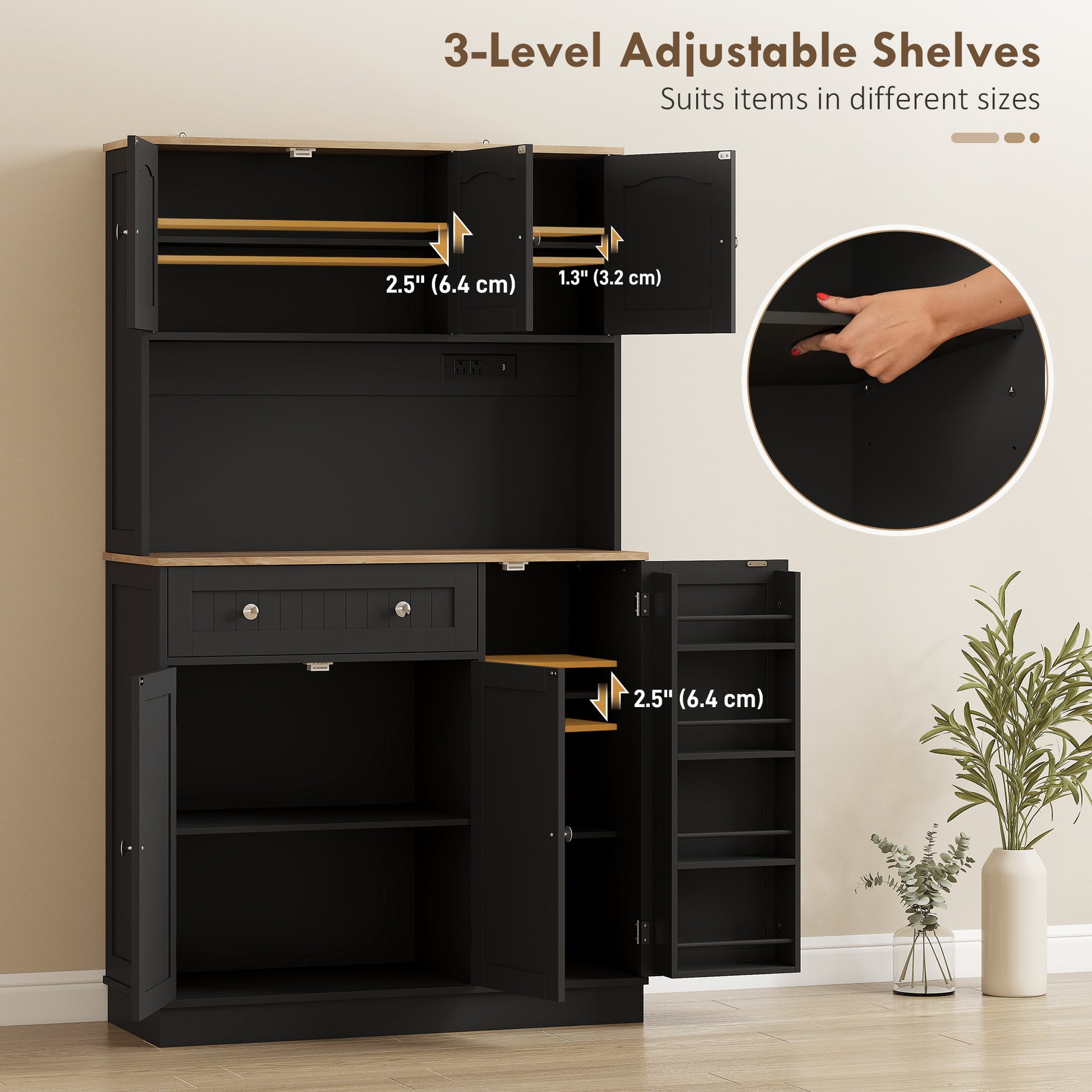 68" Pantry Cabinet with Charging, Black Kitchen Storage with Microwave Stand-DECOROLALA