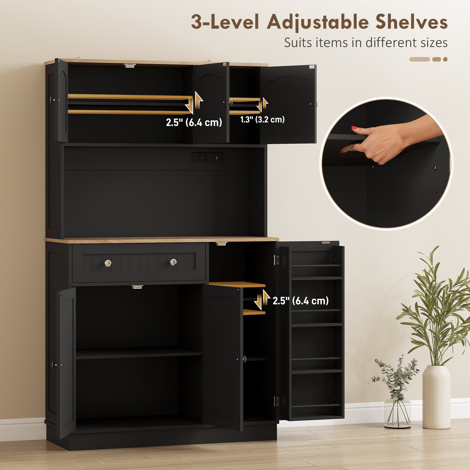 68" Pantry Cabinet with Charging, Black Kitchen Storage with Microwave Stand-DECOROLALA