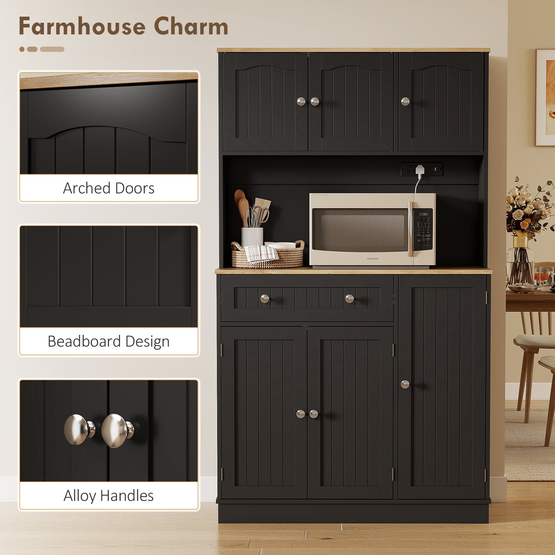 68" Pantry Cabinet with Charging, Black Kitchen Storage with Microwave Stand-DECOROLALA