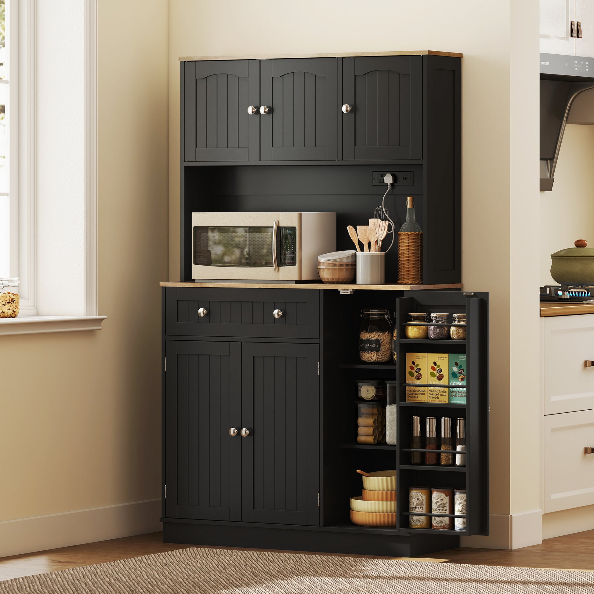 68" Pantry Cabinet with Charging, Black Kitchen Storage with Microwave Stand-DECOROLALA