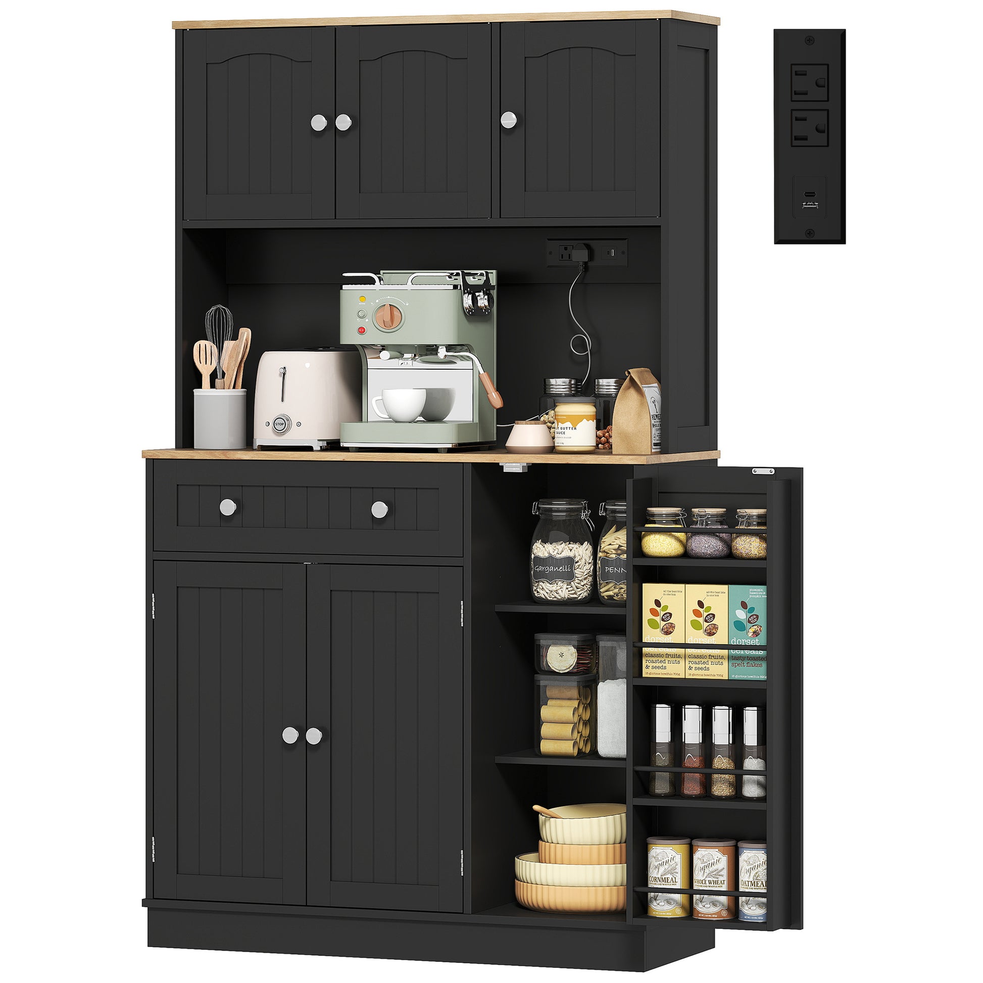 68" Pantry Cabinet with Charging, Black Kitchen Storage with Microwave Stand-DECOROLALA