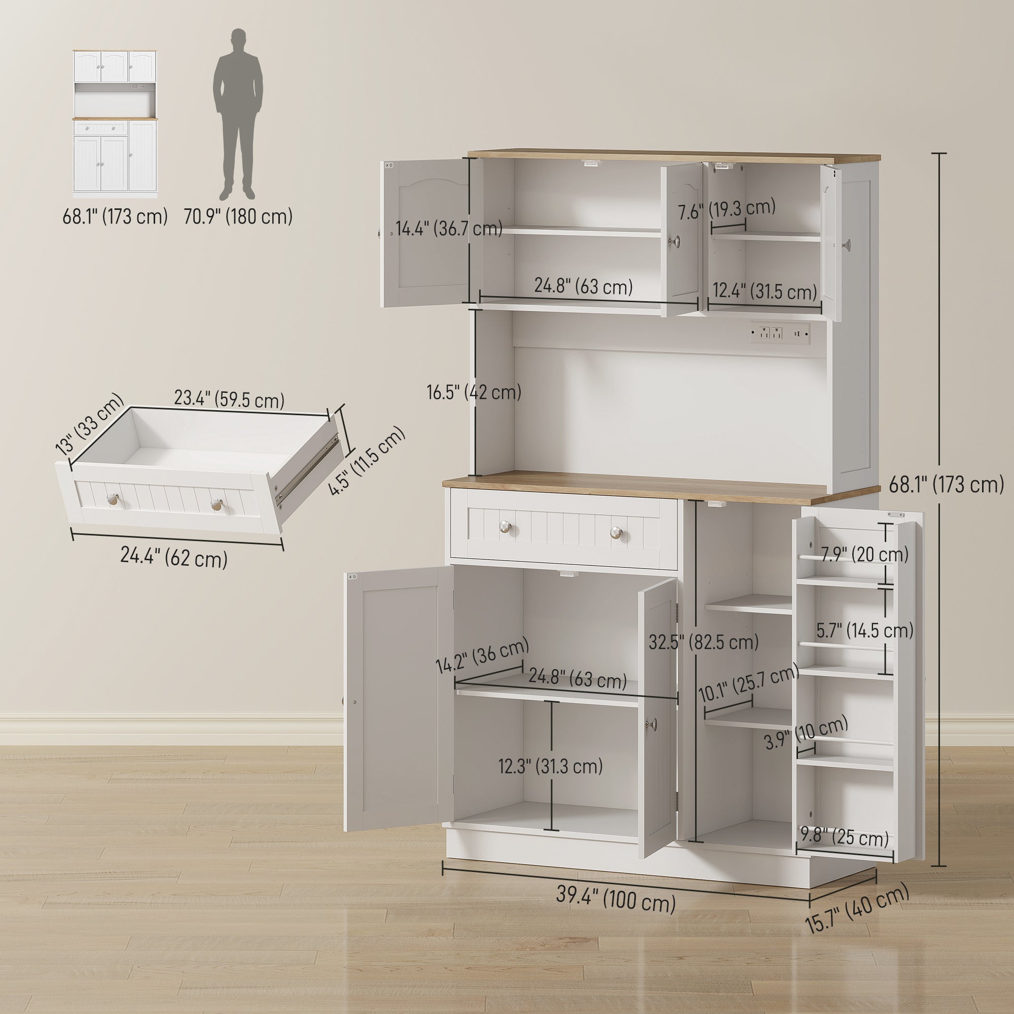 68" Pantry Cabinet with Charging Station, Kitchen Storage Cabinet with Microwave Stand, 4 Door Racks, White-DECOROLALA