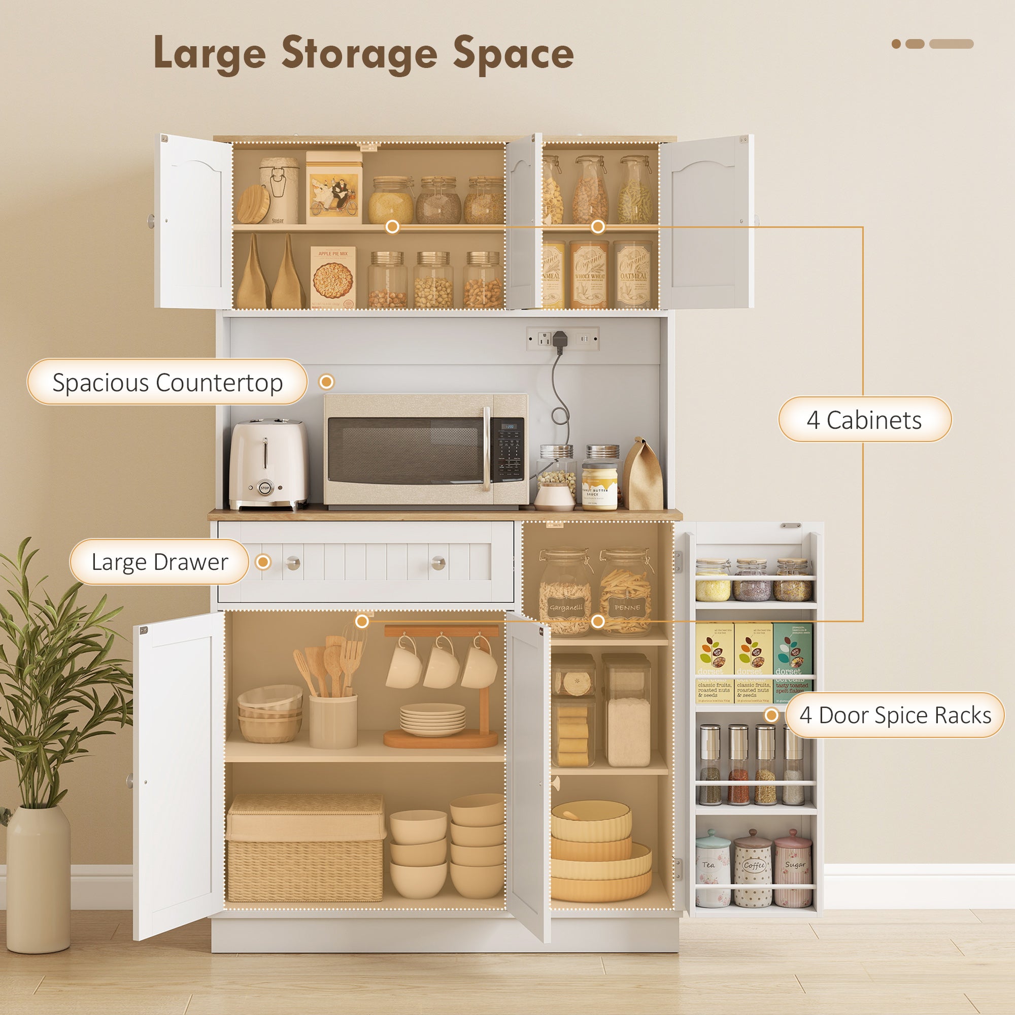 68" Pantry Cabinet with Charging Station, Kitchen Storage Cabinet with Microwave Stand, 4 Door Racks, White-DECOROLALA
