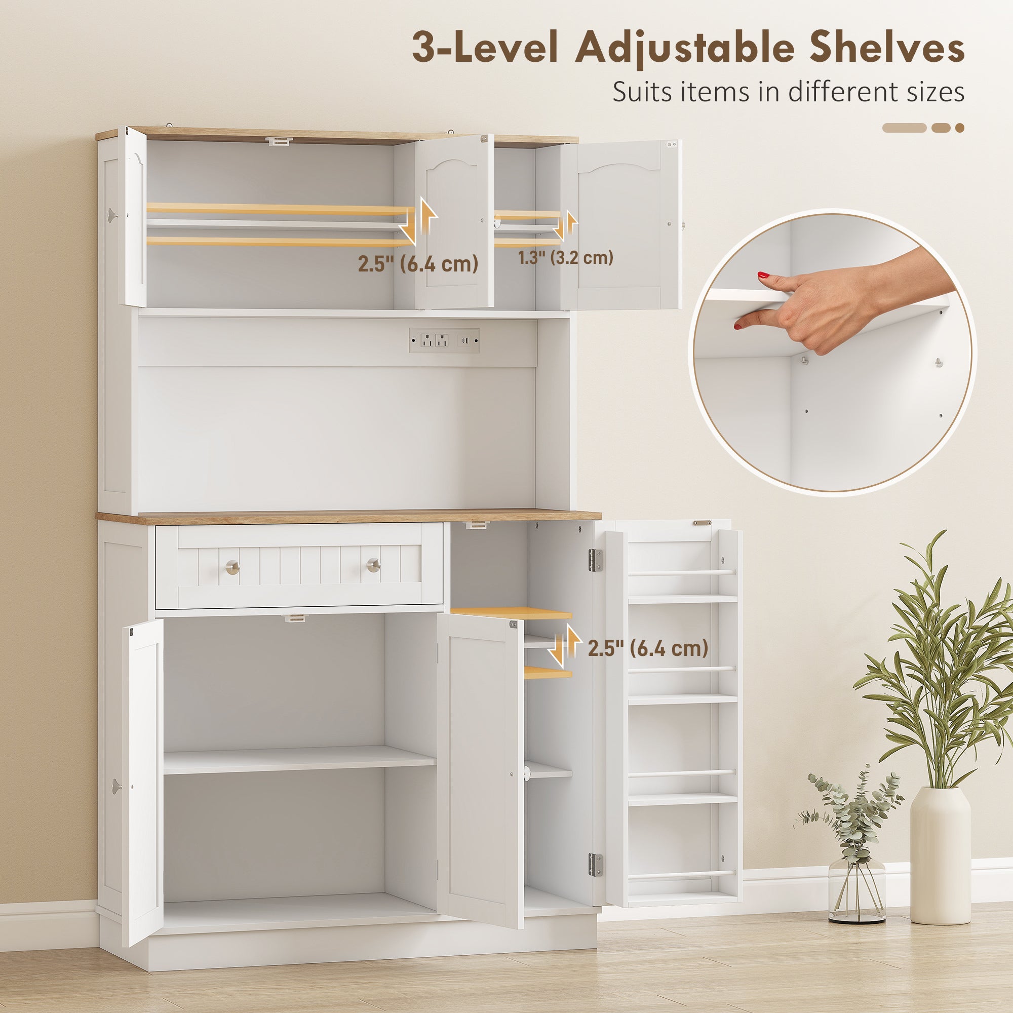 68" Pantry Cabinet with Charging Station, Kitchen Storage Cabinet with Microwave Stand, 4 Door Racks, White-DECOROLALA
