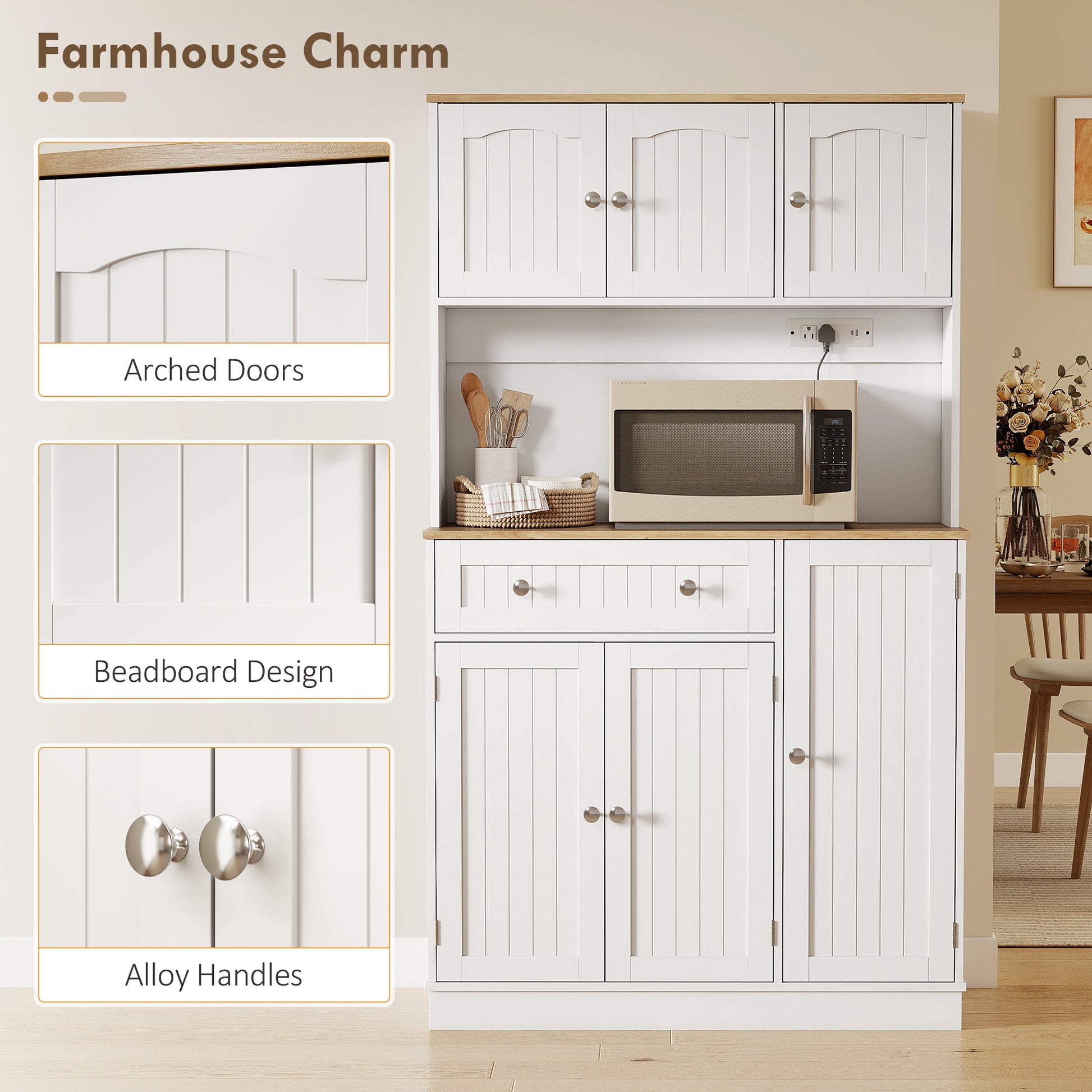 68" Pantry Cabinet with Charging Station, Kitchen Storage Cabinet with Microwave Stand, 4 Door Racks, White-DECOROLALA