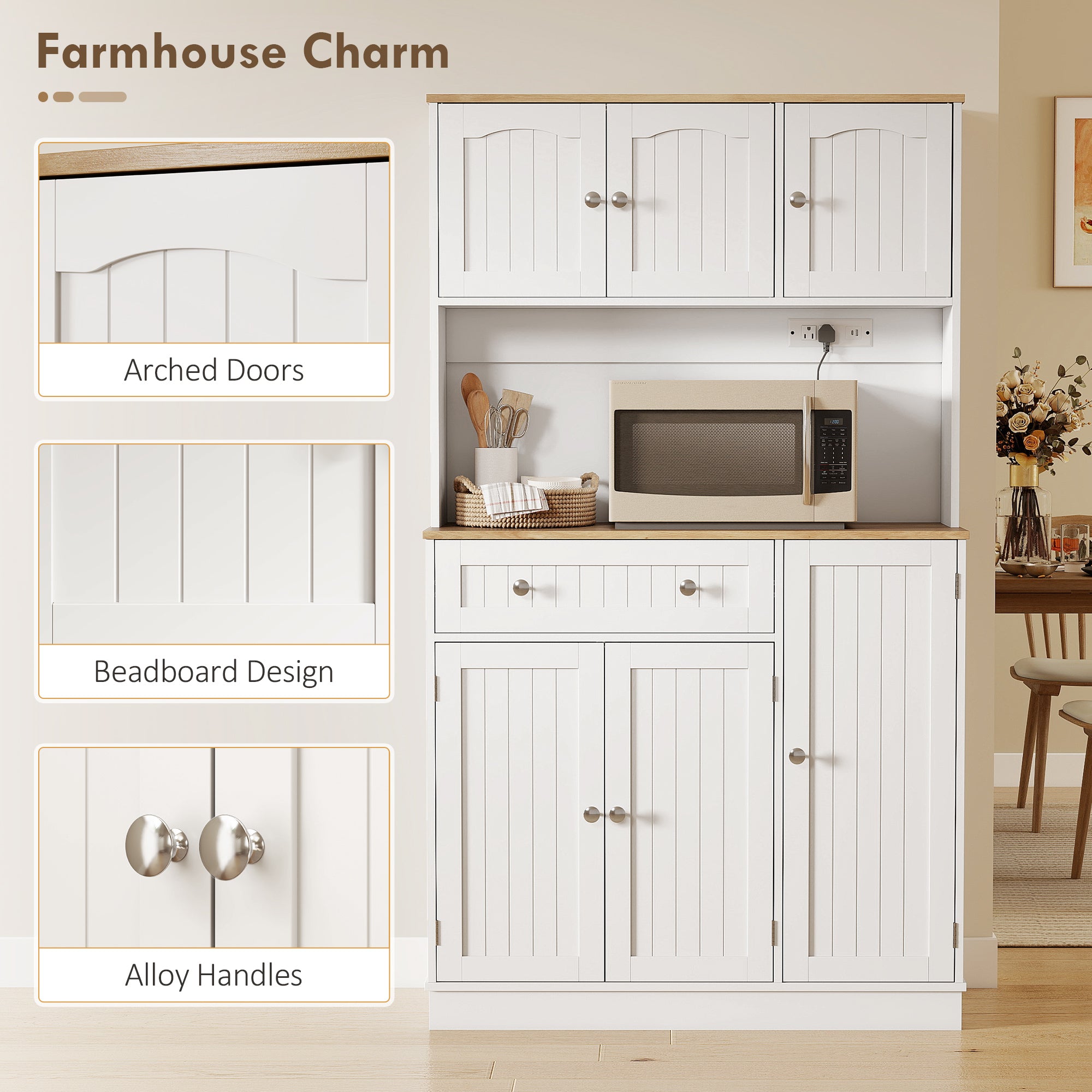 68" Pantry Cabinet with Charging Station, Kitchen Storage Cabinet with Microwave Stand, 4 Door Racks, White-DECOROLALA