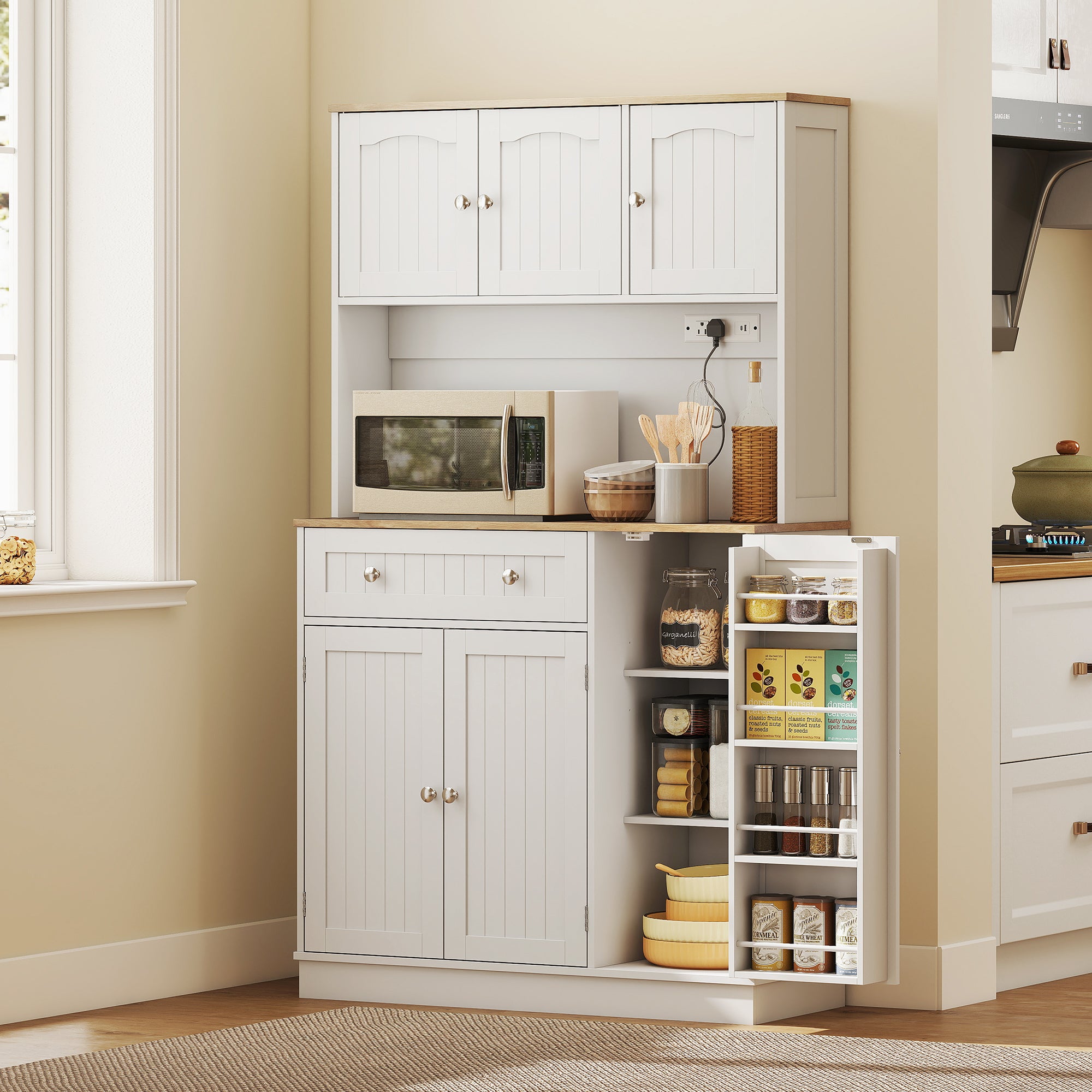 68" Pantry Cabinet with Charging Station, Kitchen Storage Cabinet with Microwave Stand, 4 Door Racks, White-DECOROLALA