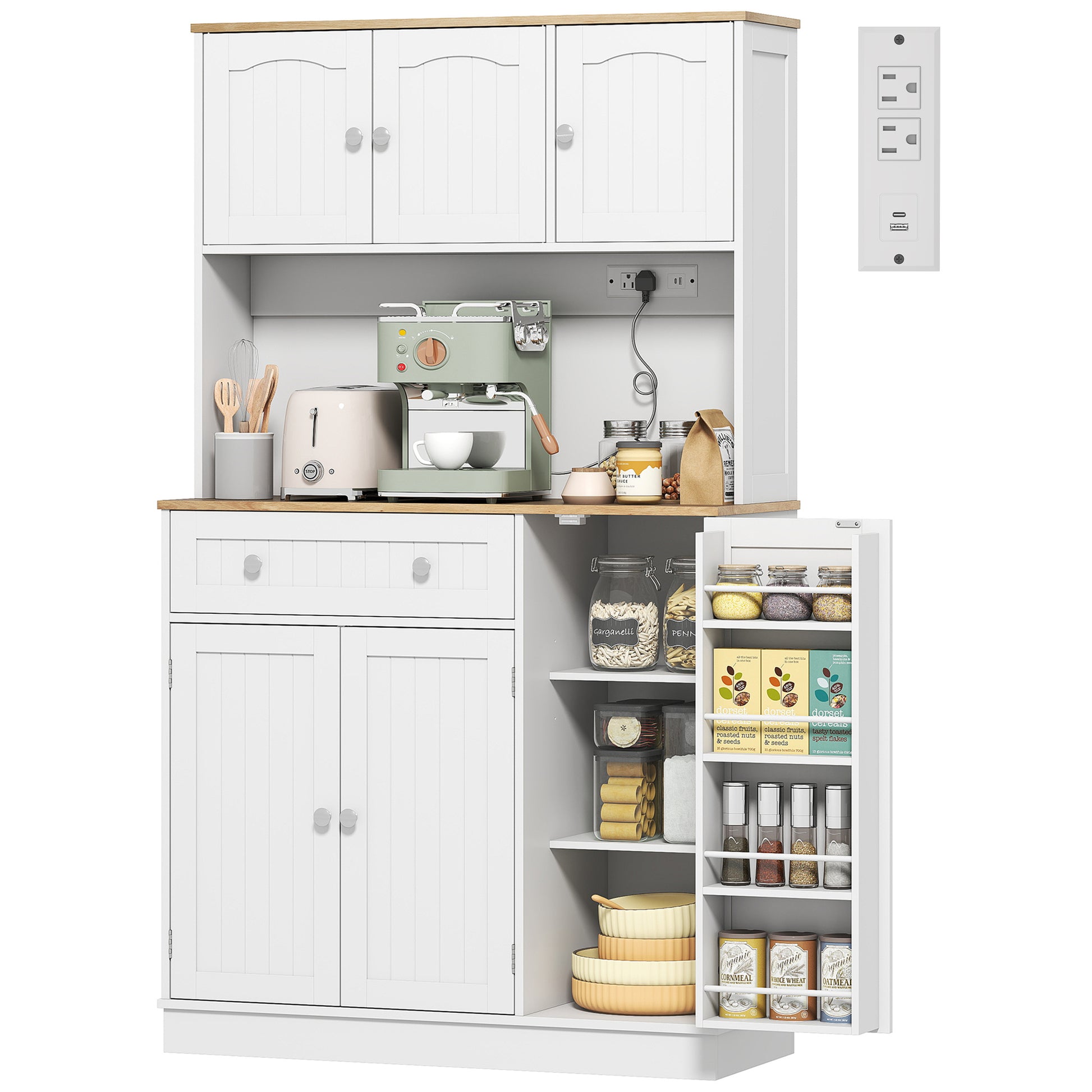 68" Pantry Cabinet with Charging Station, Kitchen Storage Cabinet with Microwave Stand, 4 Door Racks, White-DECOROLALA