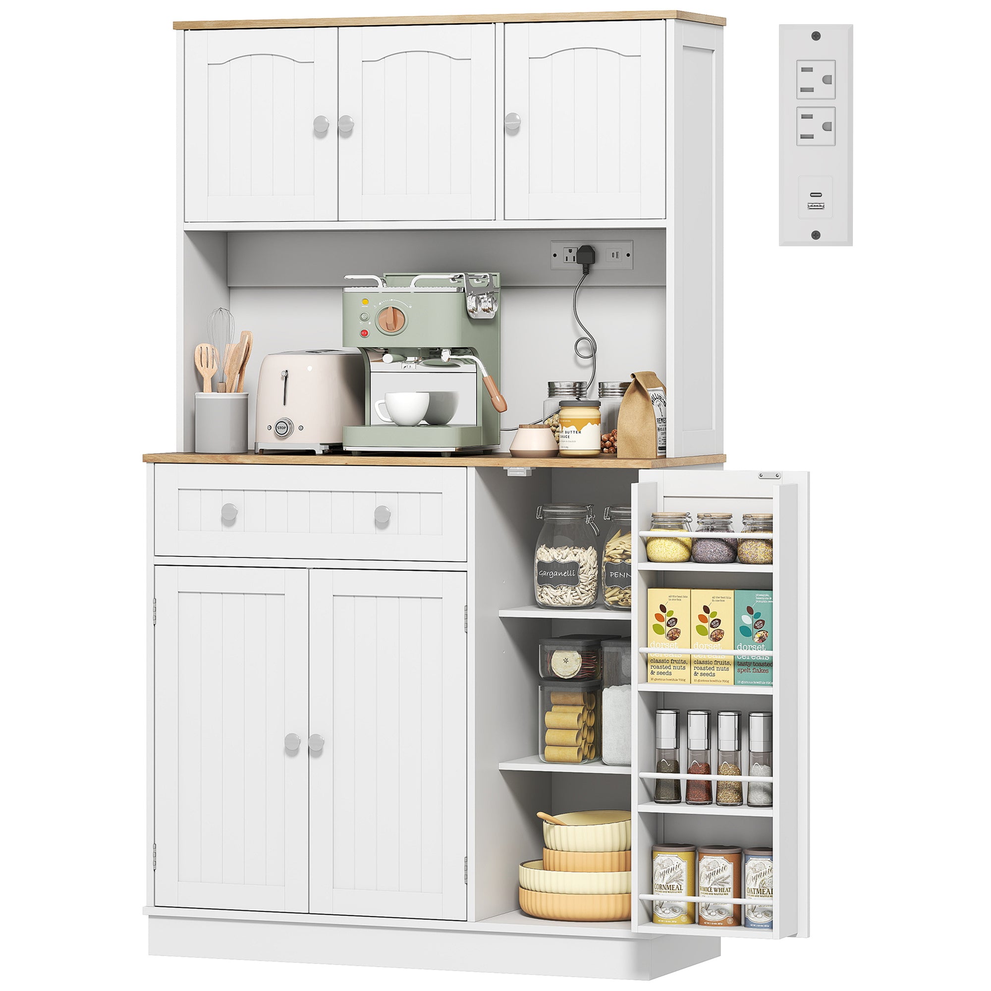 68" Pantry Cabinet with Charging Station, Kitchen Storage Cabinet with Microwave Stand, 4 Door Racks, White-DECOROLALA