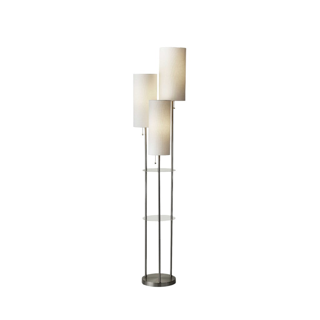 68" Silver Three Light Novelty Floor Lamp With White Linen Cylinder Shade-Floor Lamps-DECOROLALA