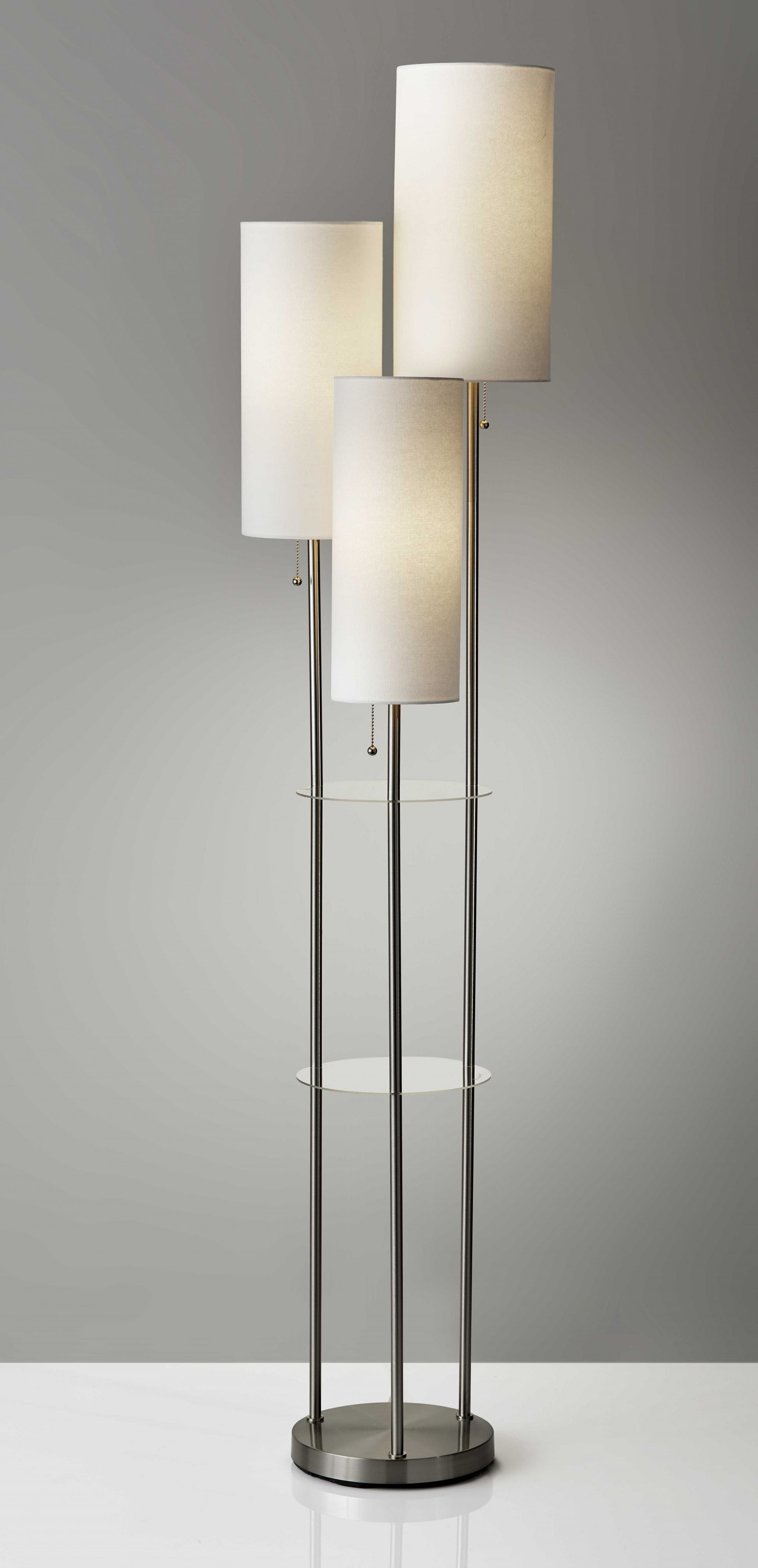 68" Silver Three Light Novelty Floor Lamp With White Linen Cylinder Shade-Floor Lamps-DECOROLALA