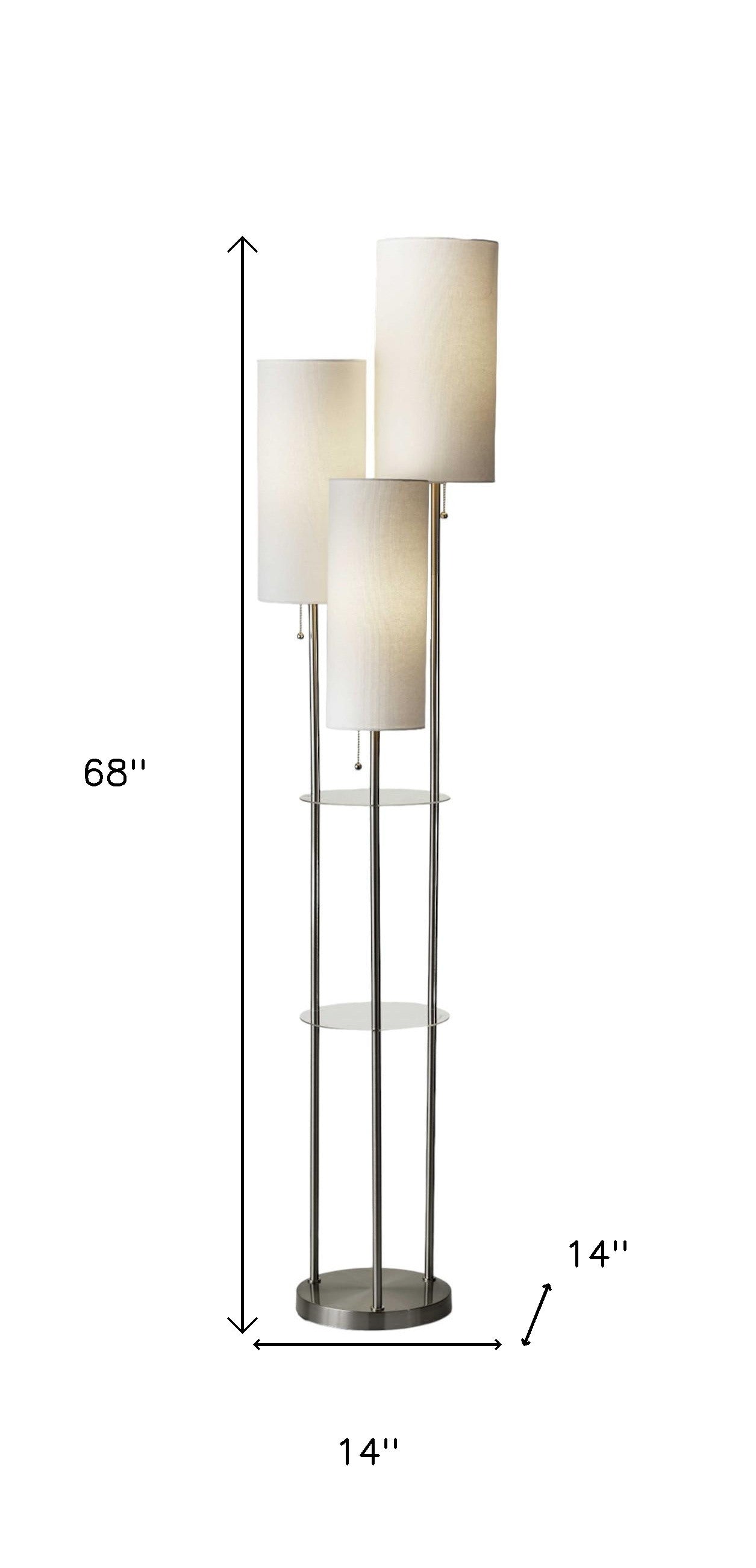 68" Silver Three Light Novelty Floor Lamp With White Linen Cylinder Shade-Floor Lamps-DECOROLALA
