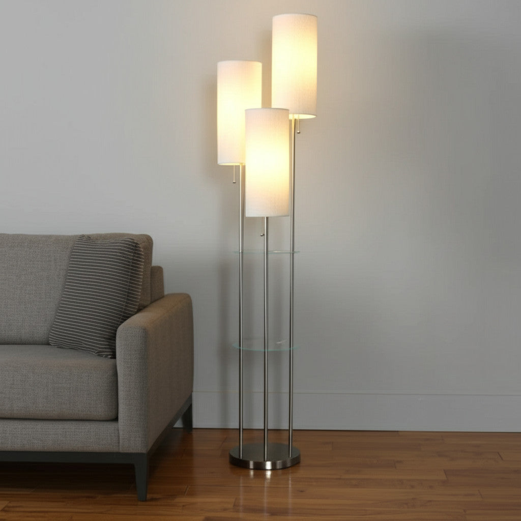 68" Silver Three Light Novelty Floor Lamp With White Linen Cylinder Shade-Floor Lamps-DECOROLALA