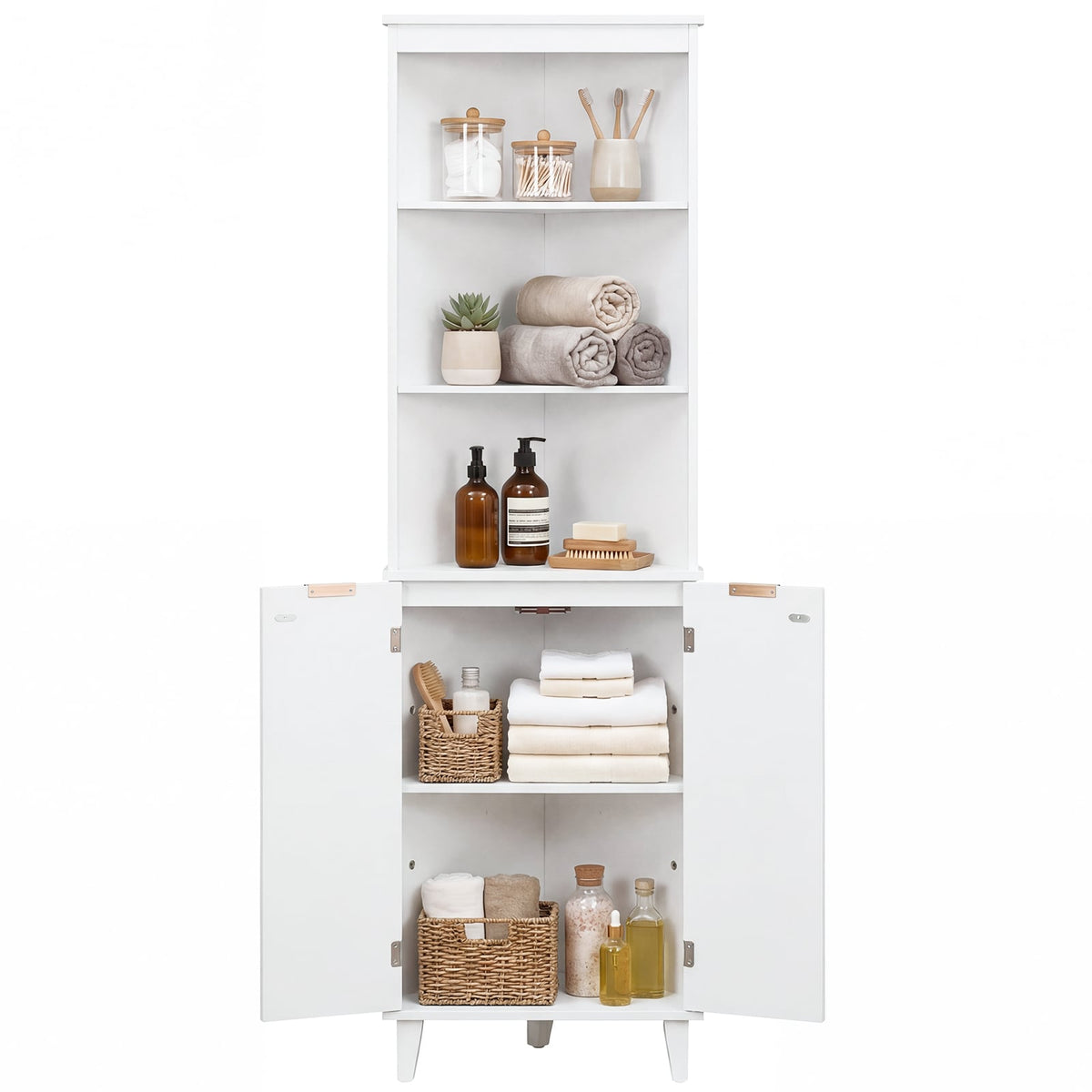 68" Tall Corner Bathroom Storage Cabinet - White Fluted Doors-Floor Cabinets-DECOROLALA