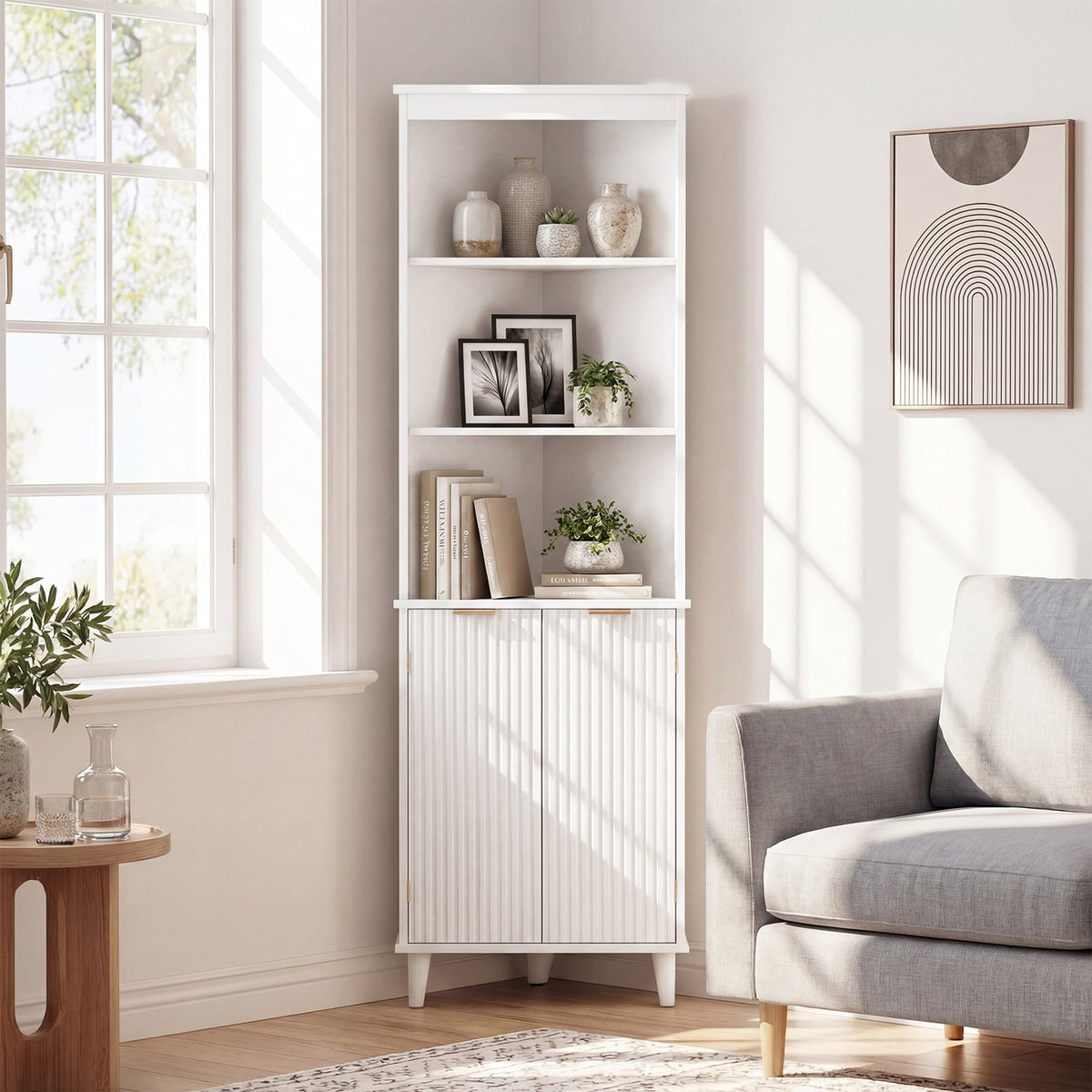 68" Tall Corner Bathroom Storage Cabinet - White Fluted Doors-Floor Cabinets-DECOROLALA