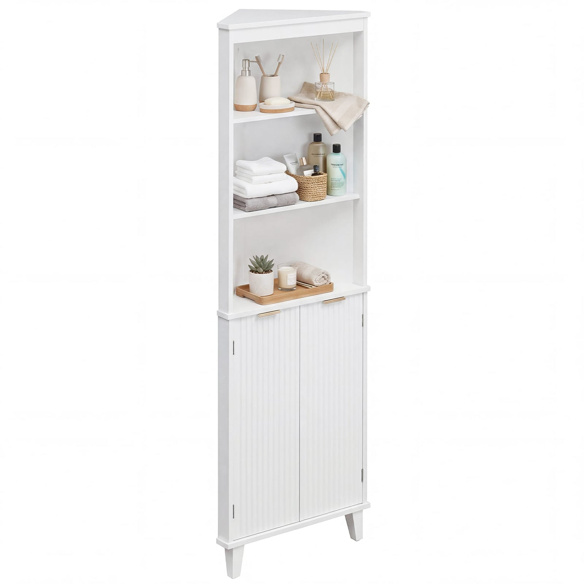 68" Tall Corner Bathroom Storage Cabinet - White Fluted Doors-Floor Cabinets-DECOROLALA